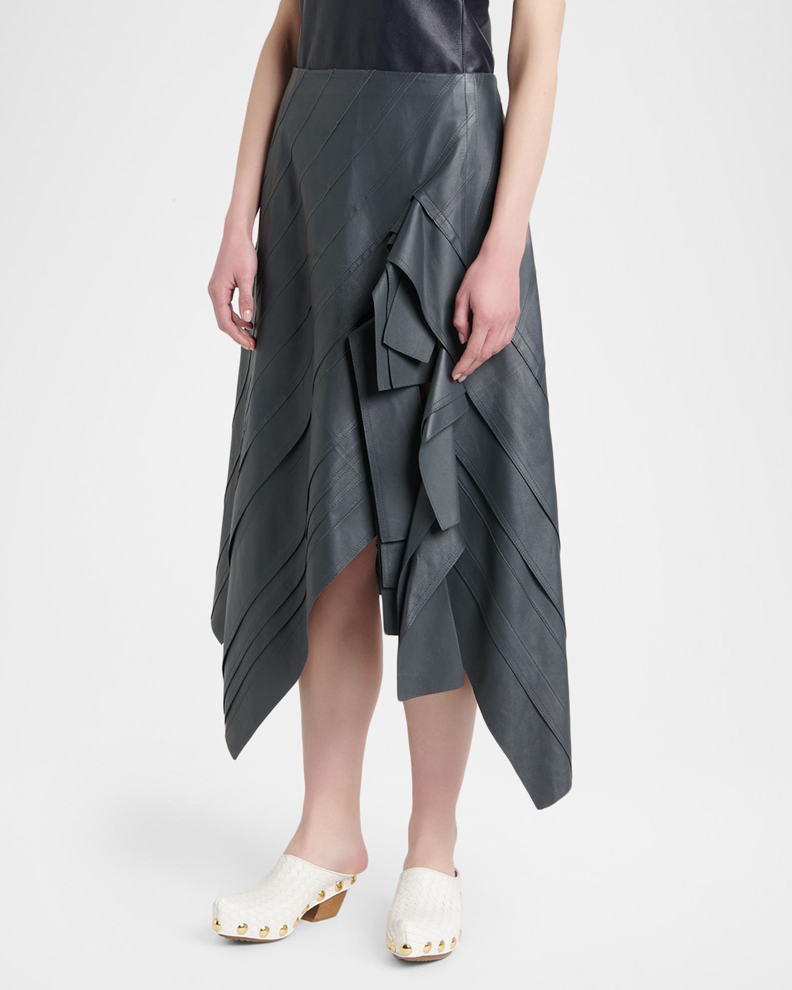 Bottega Veneta Asymmetric Ruffled Leather Midi Skirt | Neiman Marcus