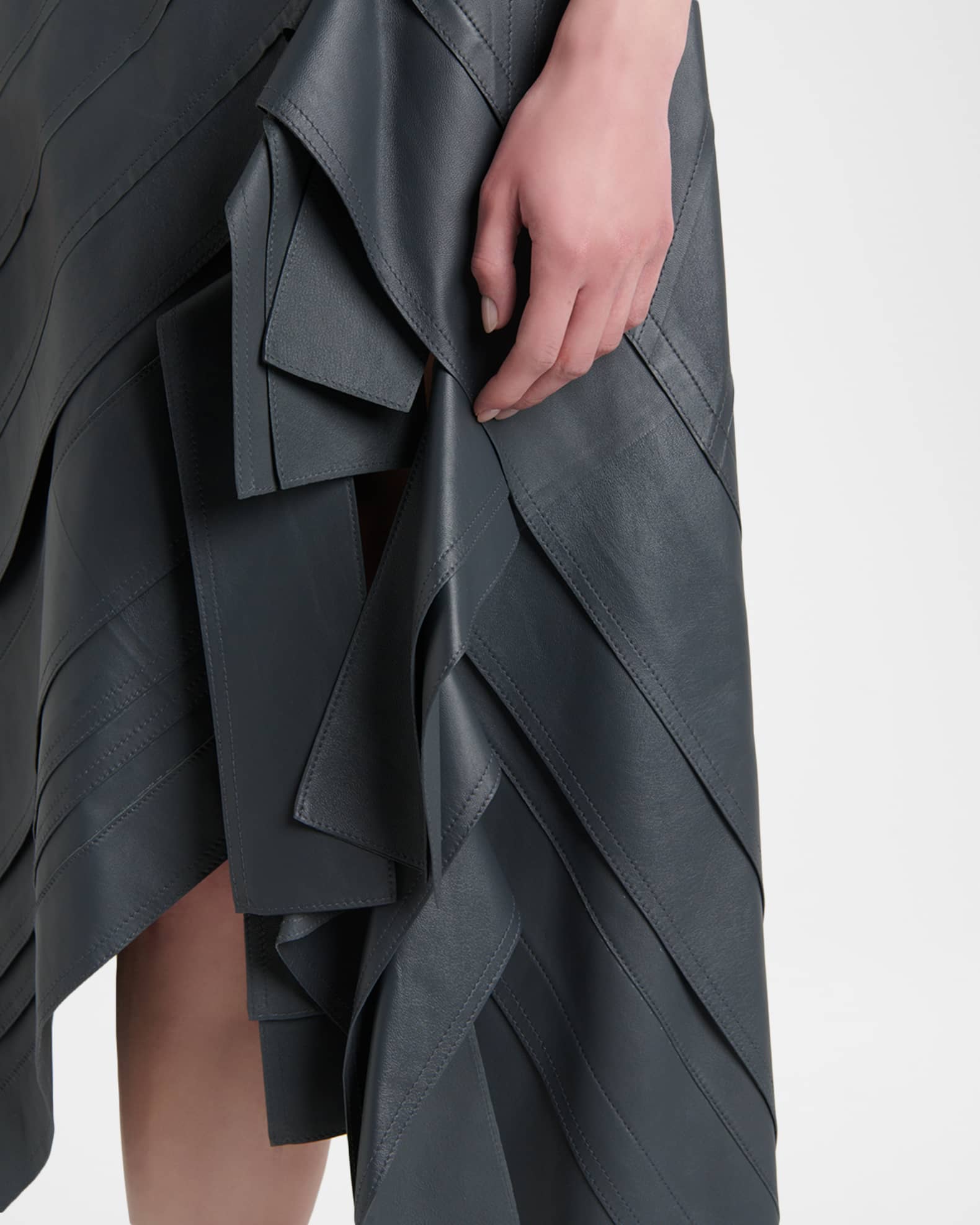 Bottega Veneta Asymmetric Ruffled Leather Midi Skirt | Neiman Marcus