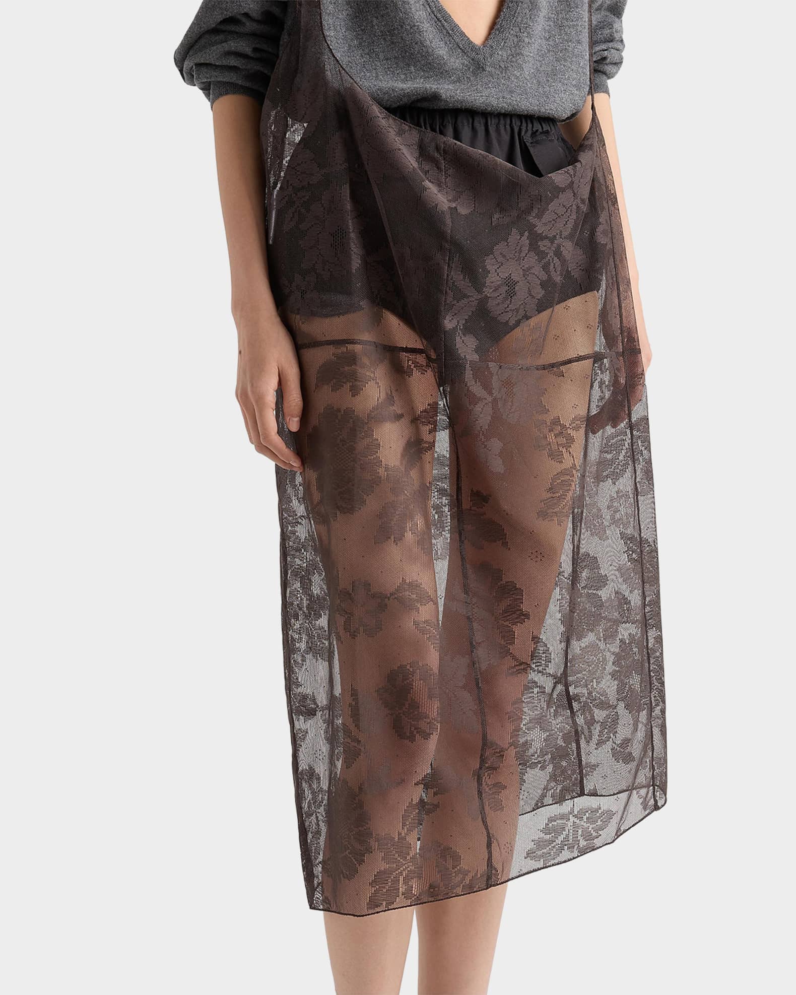 Prada Chantilly Lace Midi Skirt with Suspender Straps | Neiman Marcus