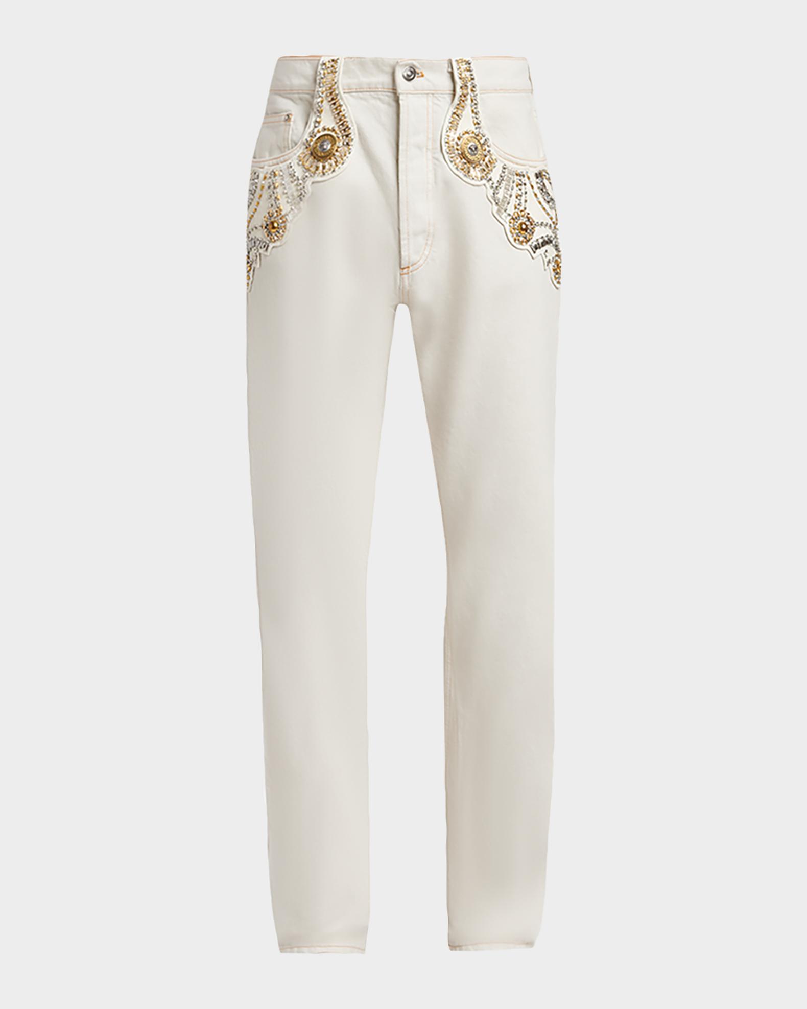 Versace Men's Crystal-Embroidered Straight-Leg Denim Jeans