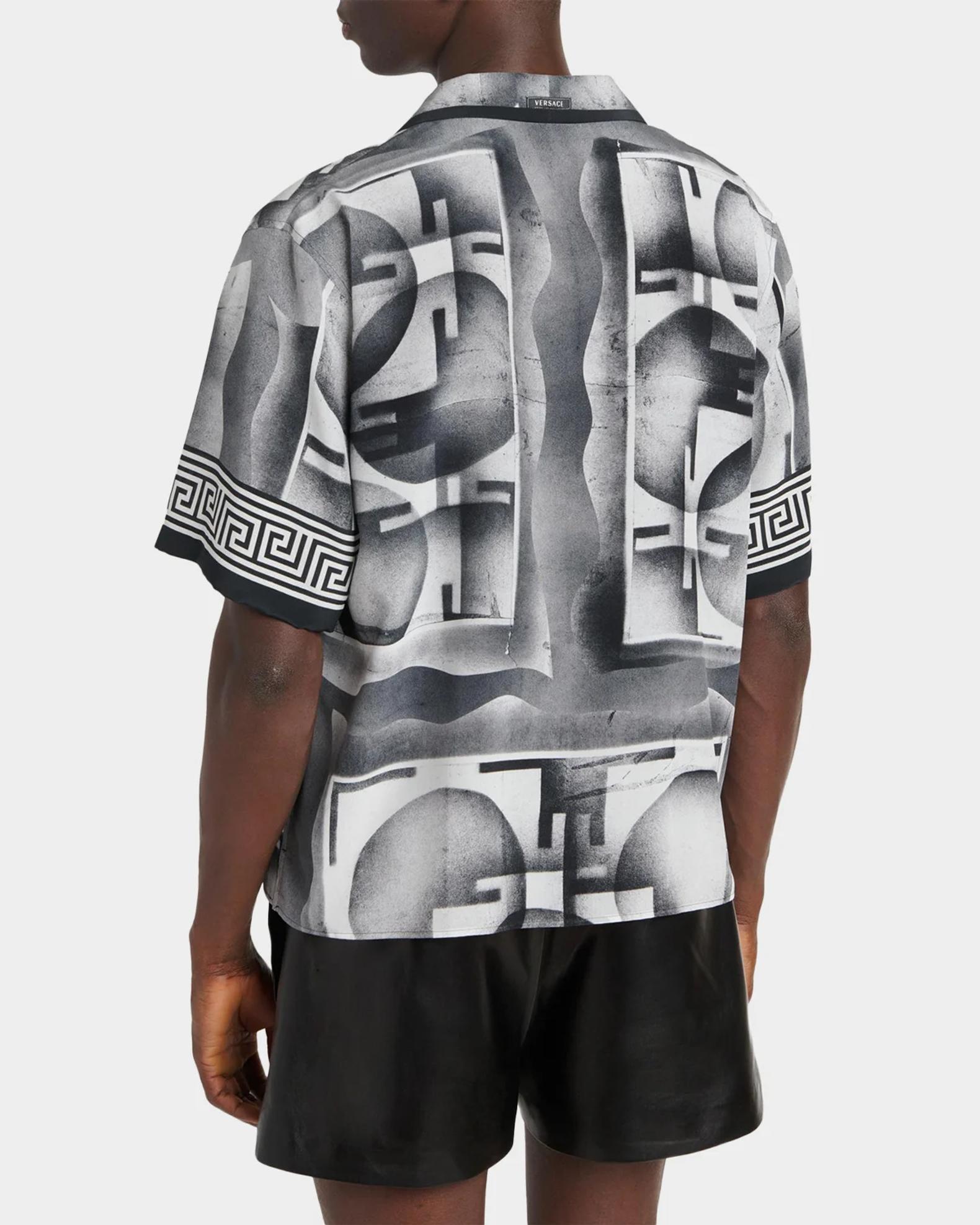 Versace Men's Silk Abstract La Greca-Trim Camp Shirt | Neiman Marcus