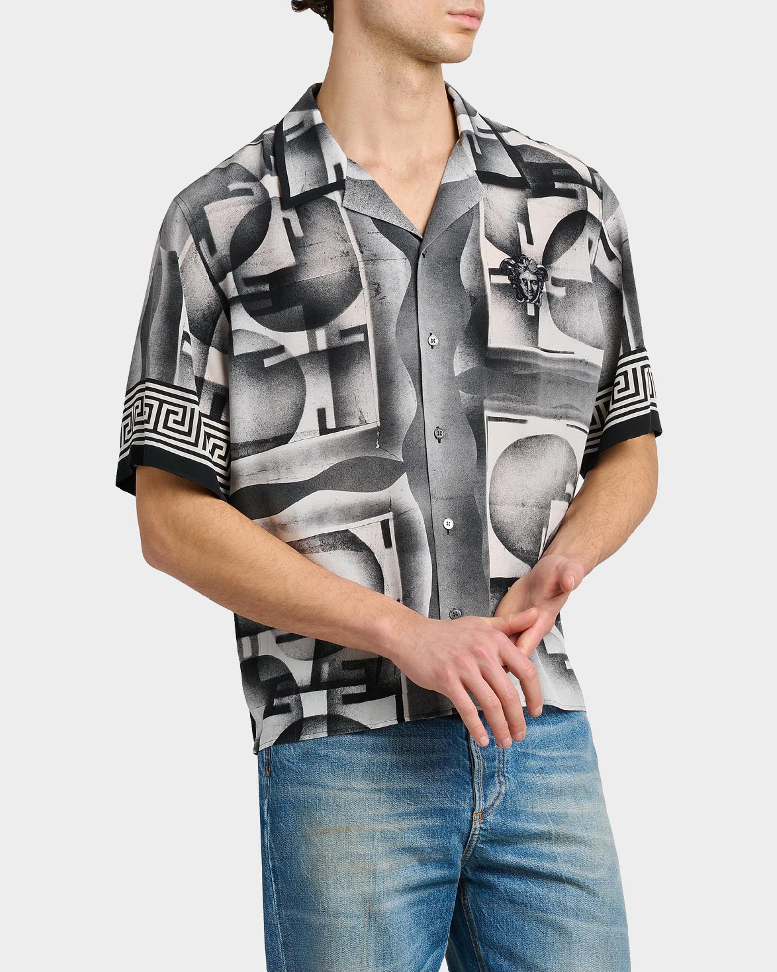 Versace Men's Silk Abstract La Greca-Trim Camp Shirt | Neiman Marcus
