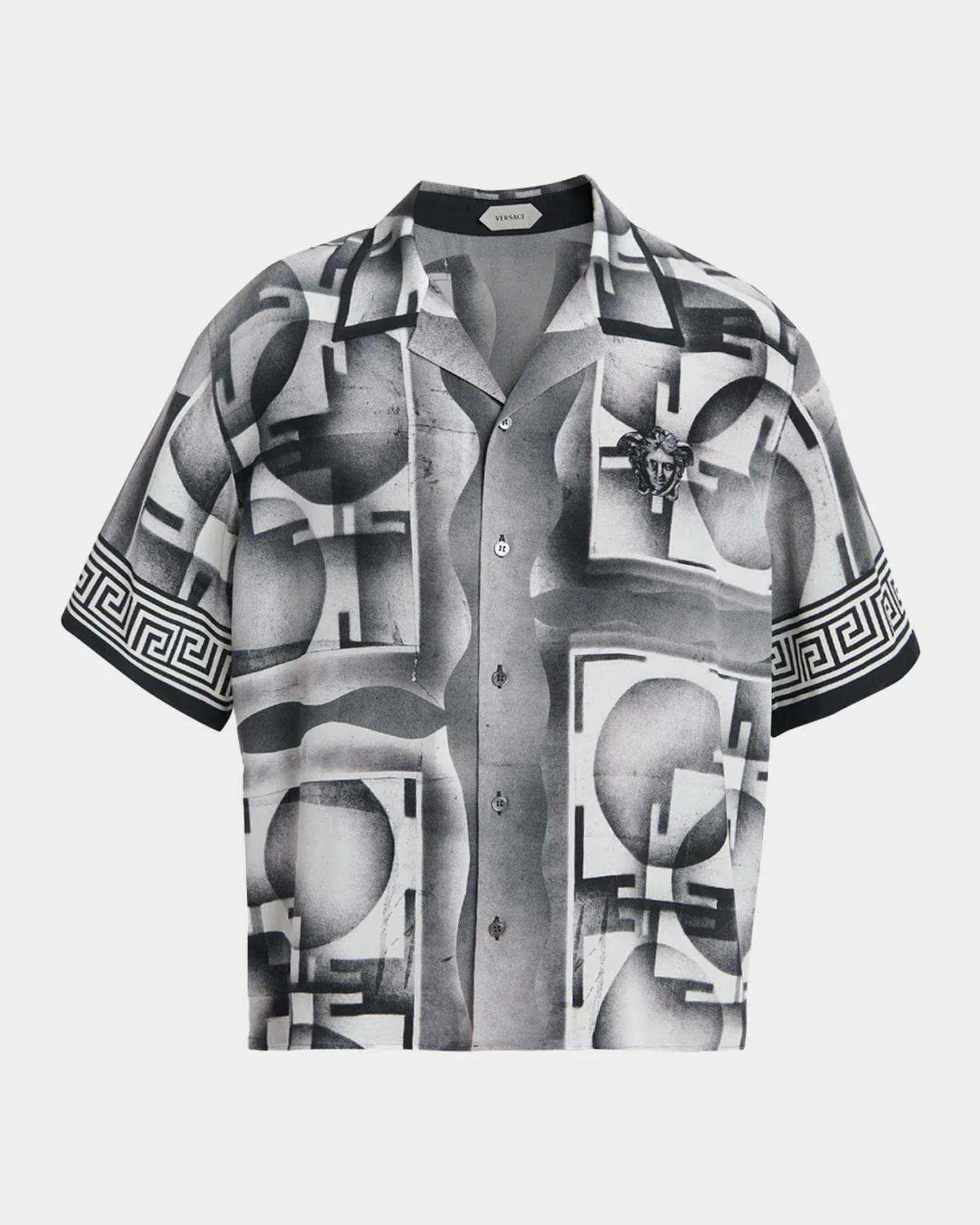 Versace Men's Silk Abstract La Greca-Trim Camp Shirt | Neiman Marcus