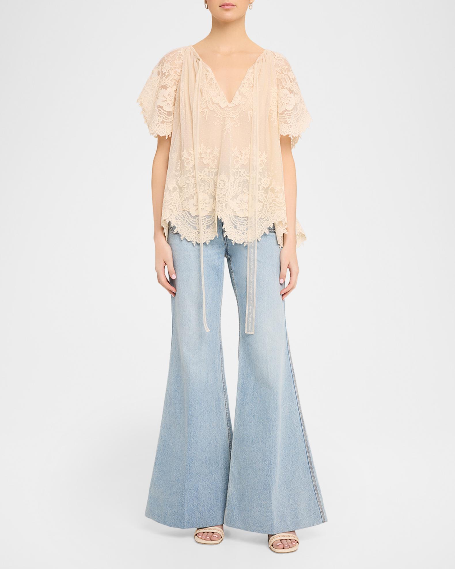 Zimmermann Luna Floral Lace Flutter-Sleeve Blouse | Neiman Marcus