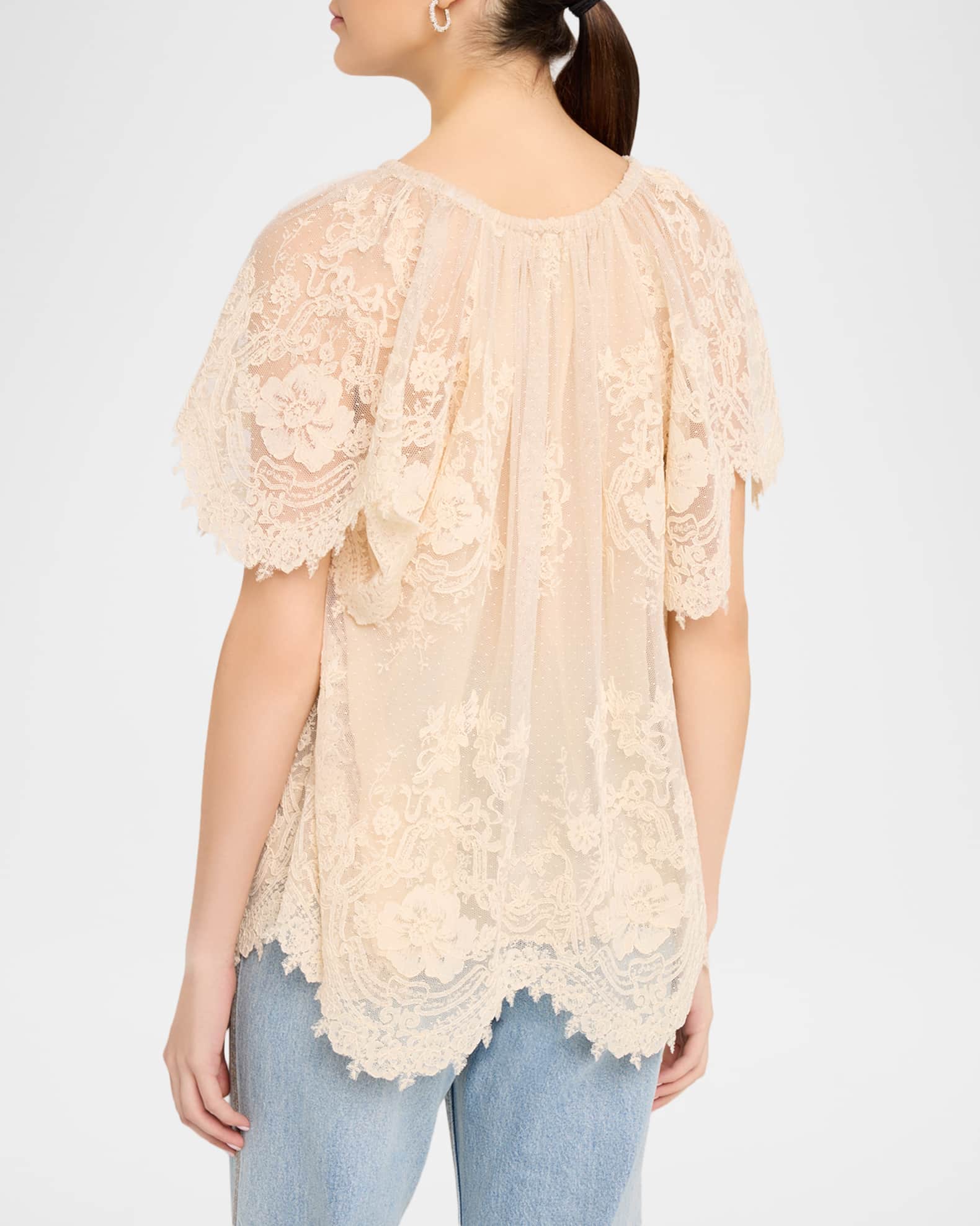 Zimmermann Luna Floral Lace Flutter-Sleeve Blouse | Neiman Marcus
