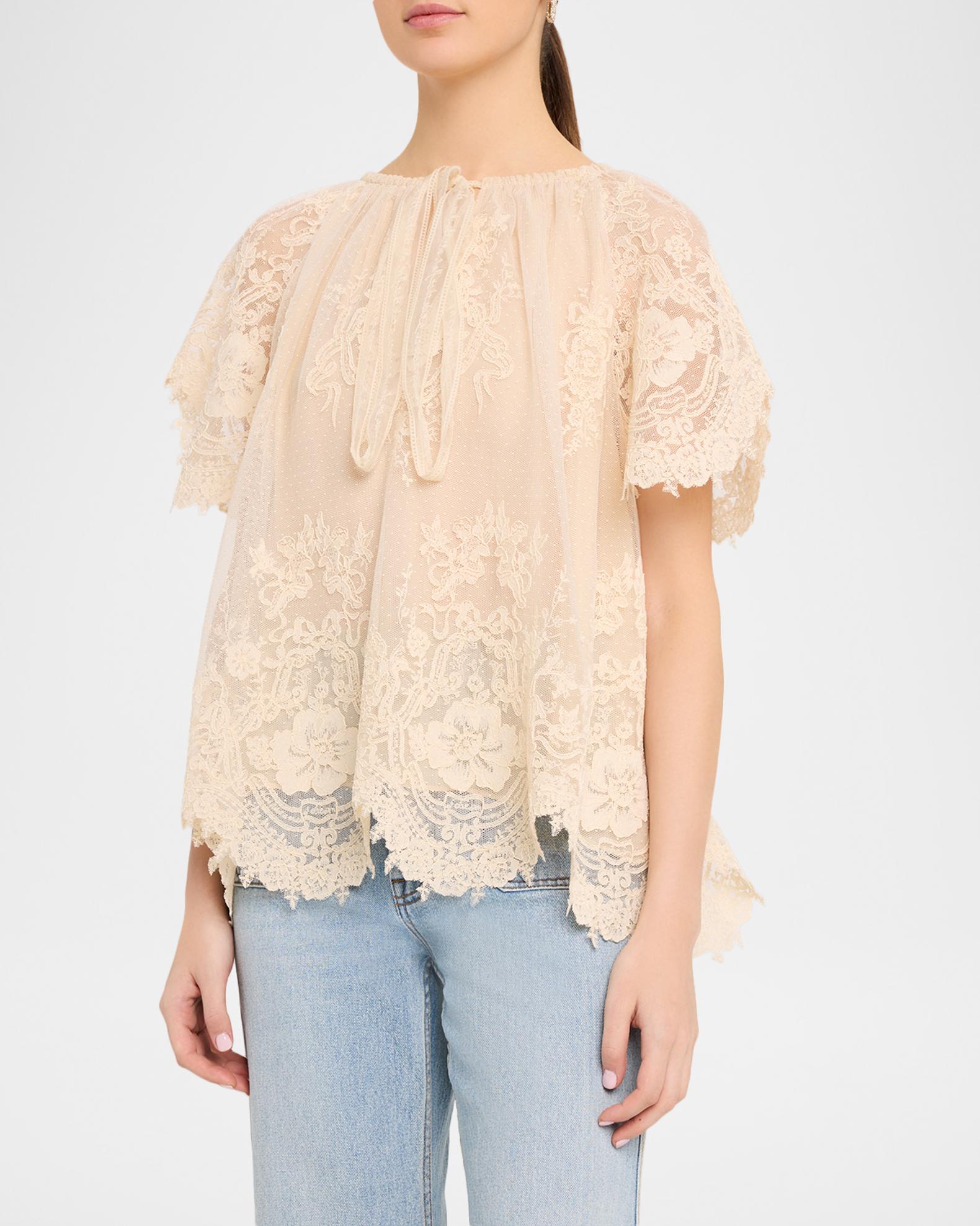 Zimmermann Luna Floral Lace Flutter-Sleeve Blouse | Neiman Marcus