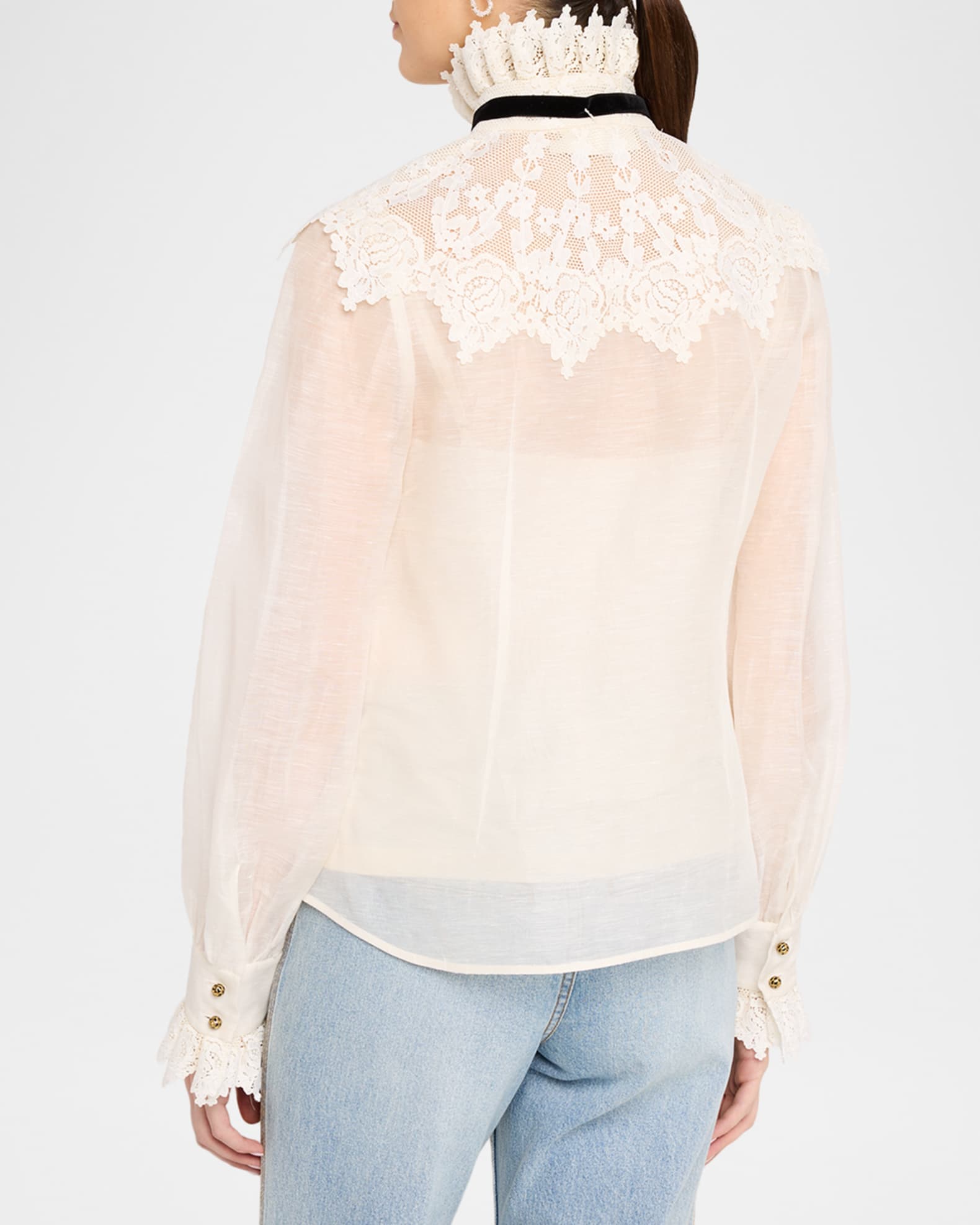 Zimmermann Luna Collared Neck-Tie Lace Blouse | Neiman Marcus