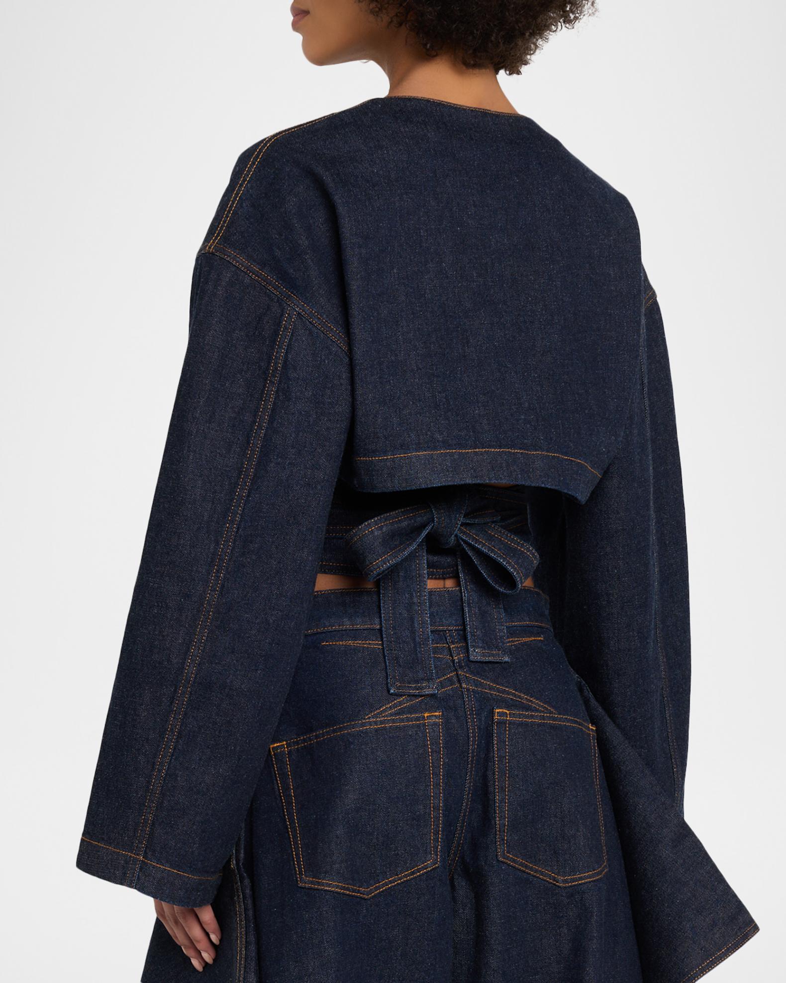 ALAIA Long-Sleeve Denim Crop Wrap Top | Neiman Marcus