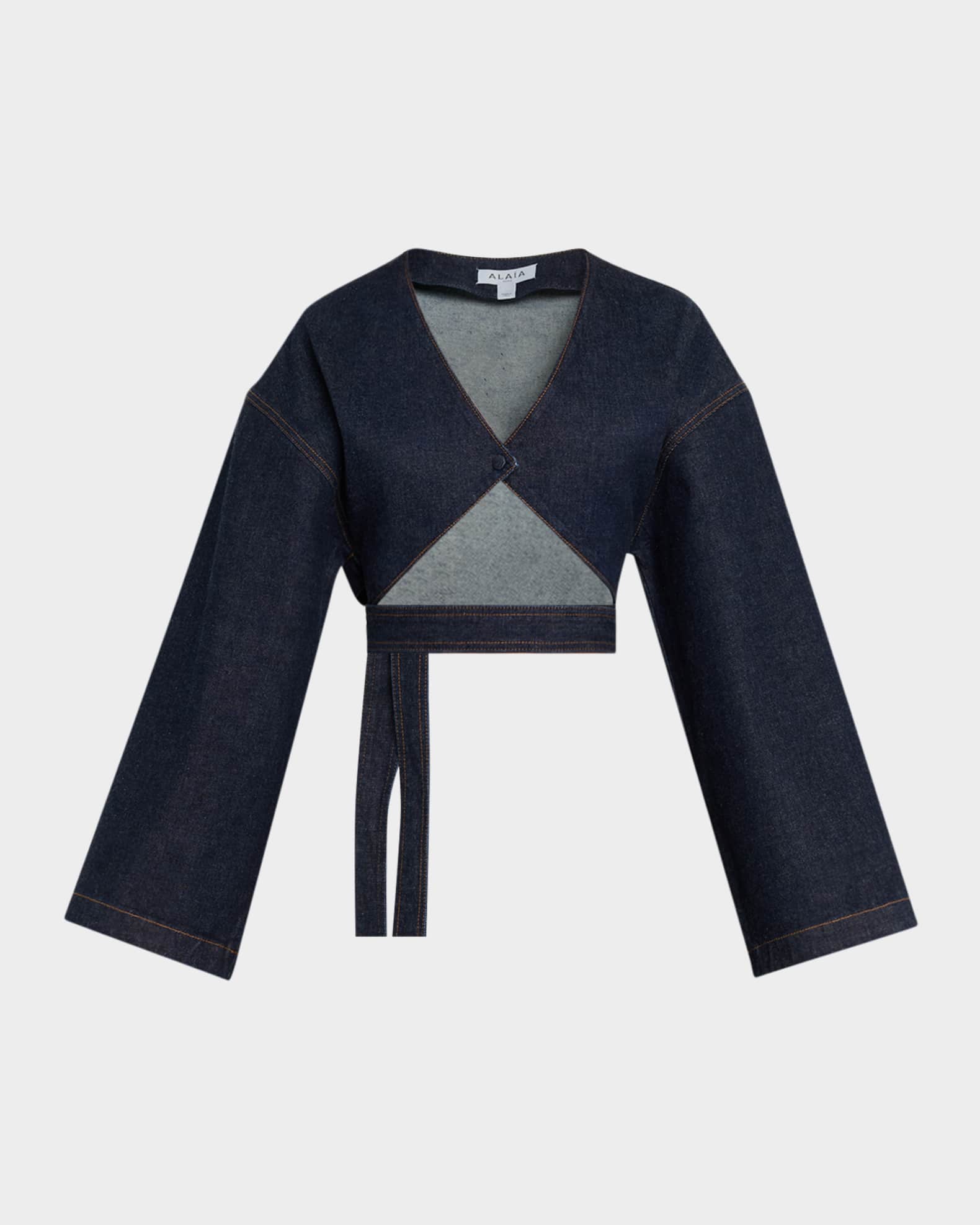 ALAIA Long-Sleeve Denim Crop Wrap Top | Neiman Marcus