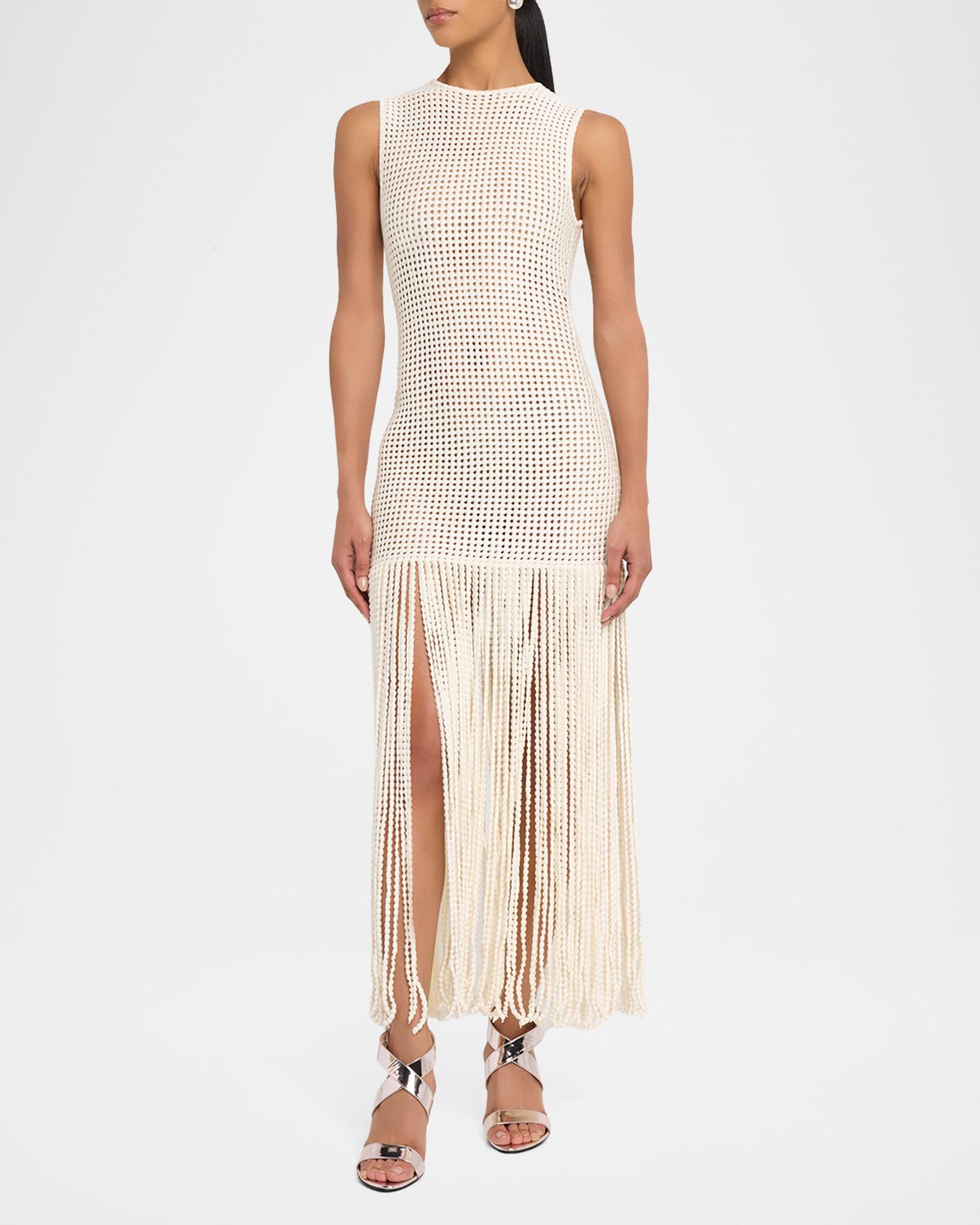 open knit maxi dress ALAÏA Natural White Fringed Beaded size 10 (US) Embellished dress