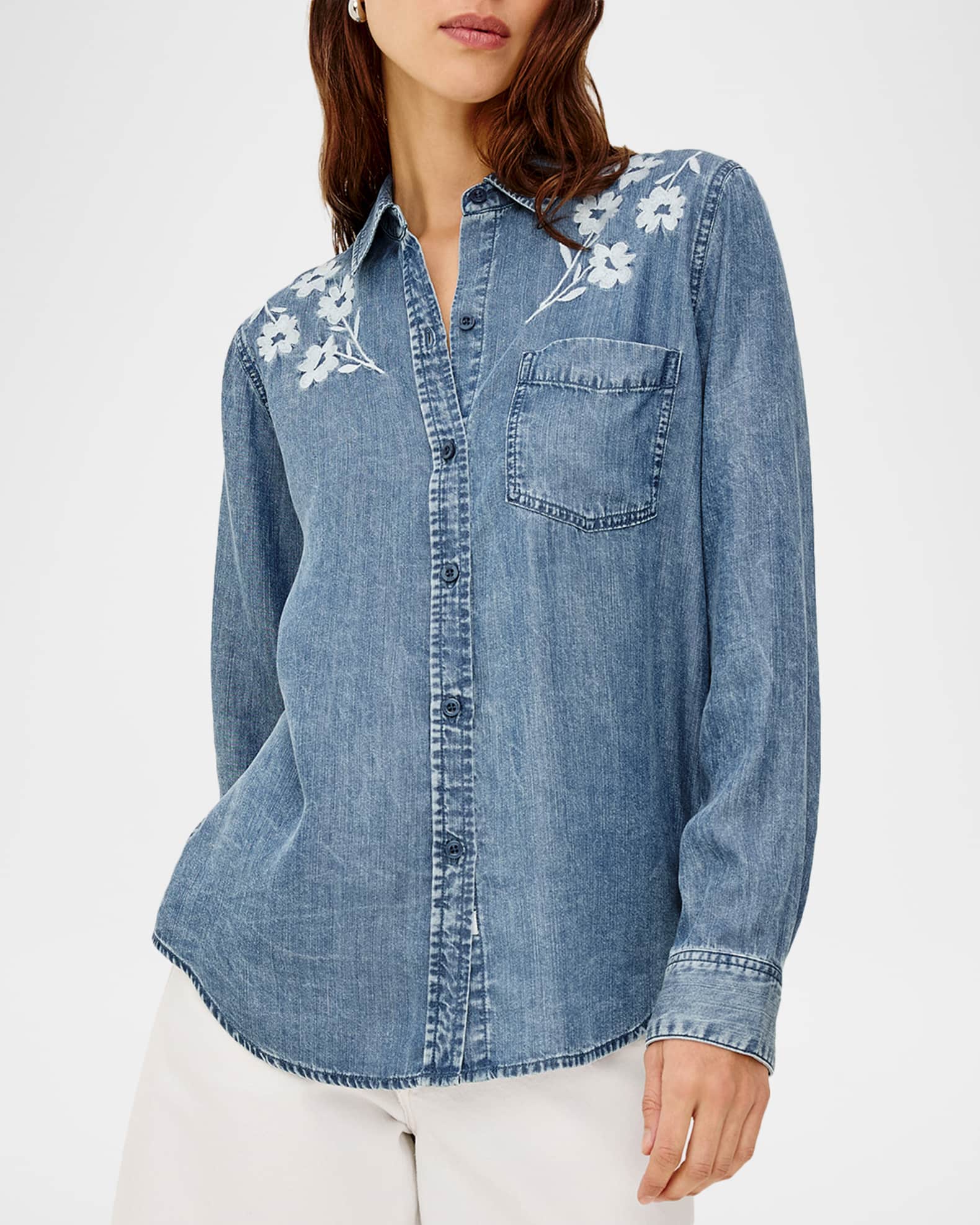 Rails Ingrid Flower-Embroidered Denim Shirt | Neiman Marcus