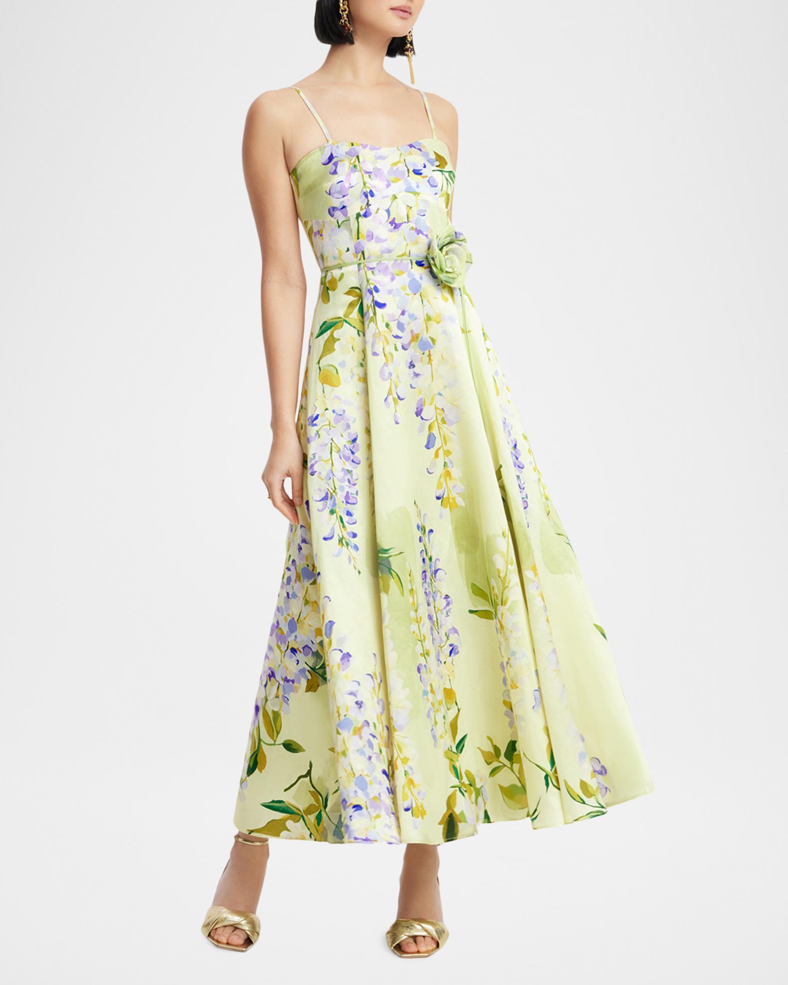 LEO LIN Mariela Belted Floral-Print Sweetheart Midi Dress | Neiman 