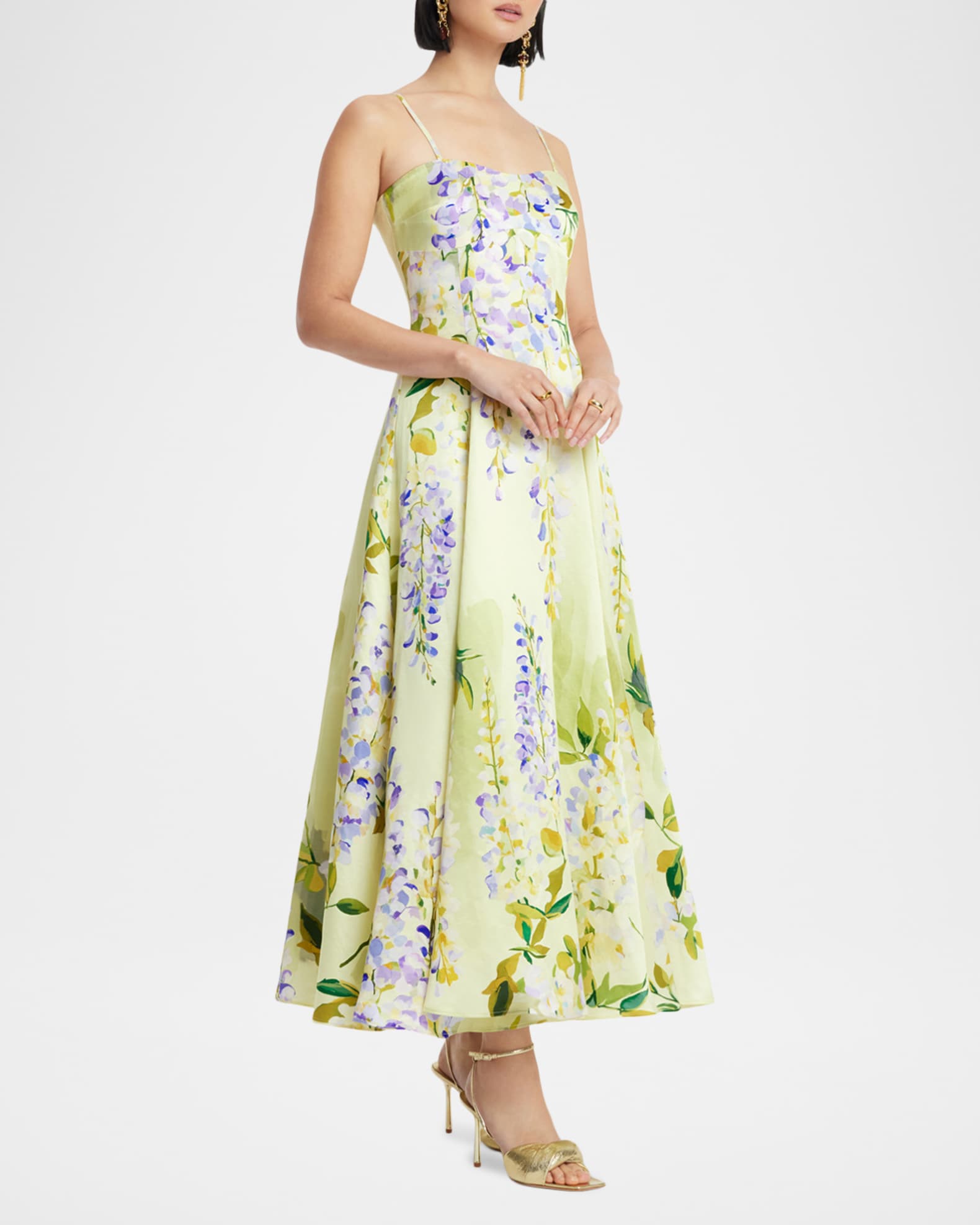LEO LIN Mariela Belted Floral-Print Sweetheart Midi Dress | Neiman Marcus