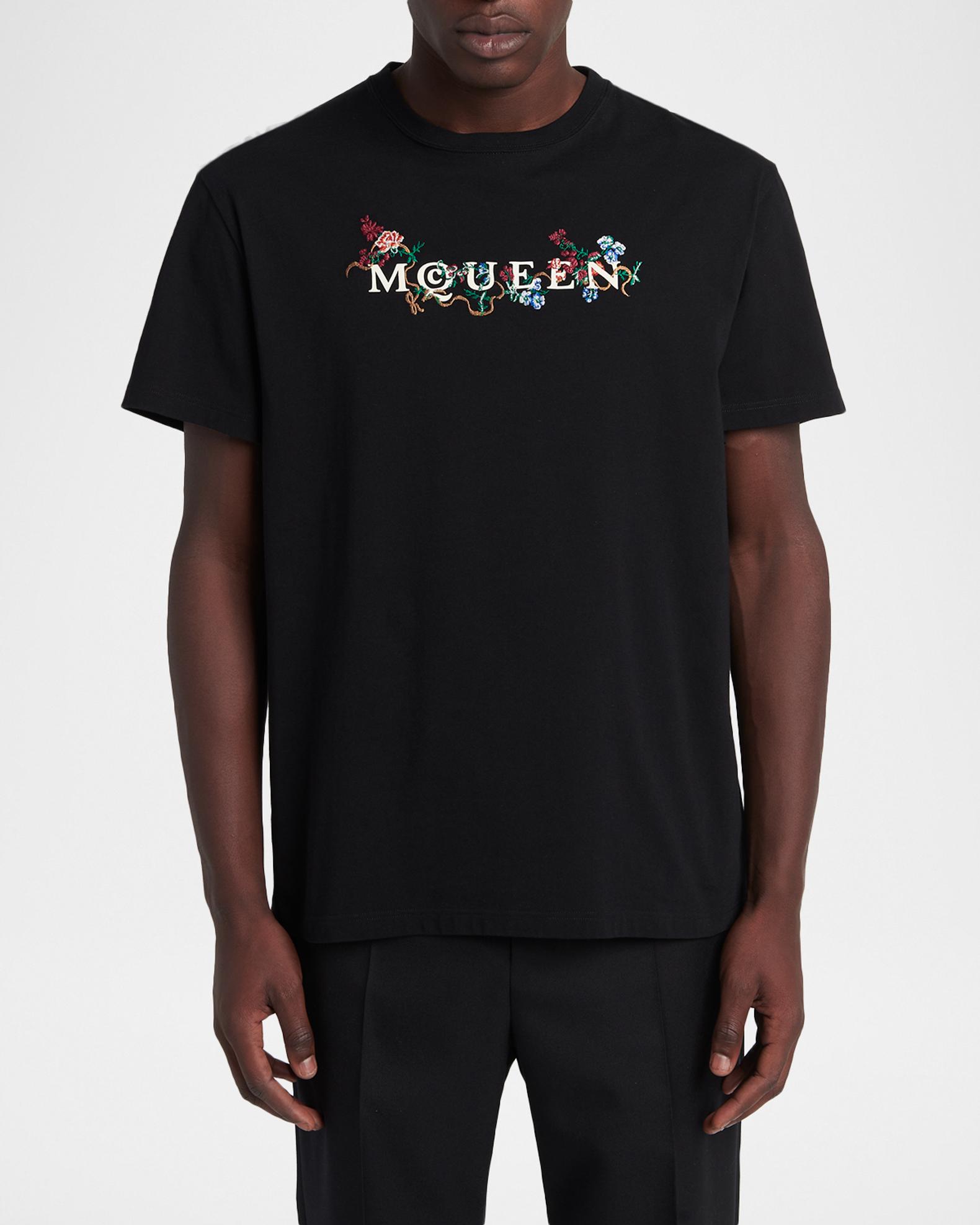 McQueen Men's Floral-Embroidered Logo T-Shirt | Neiman Marcus