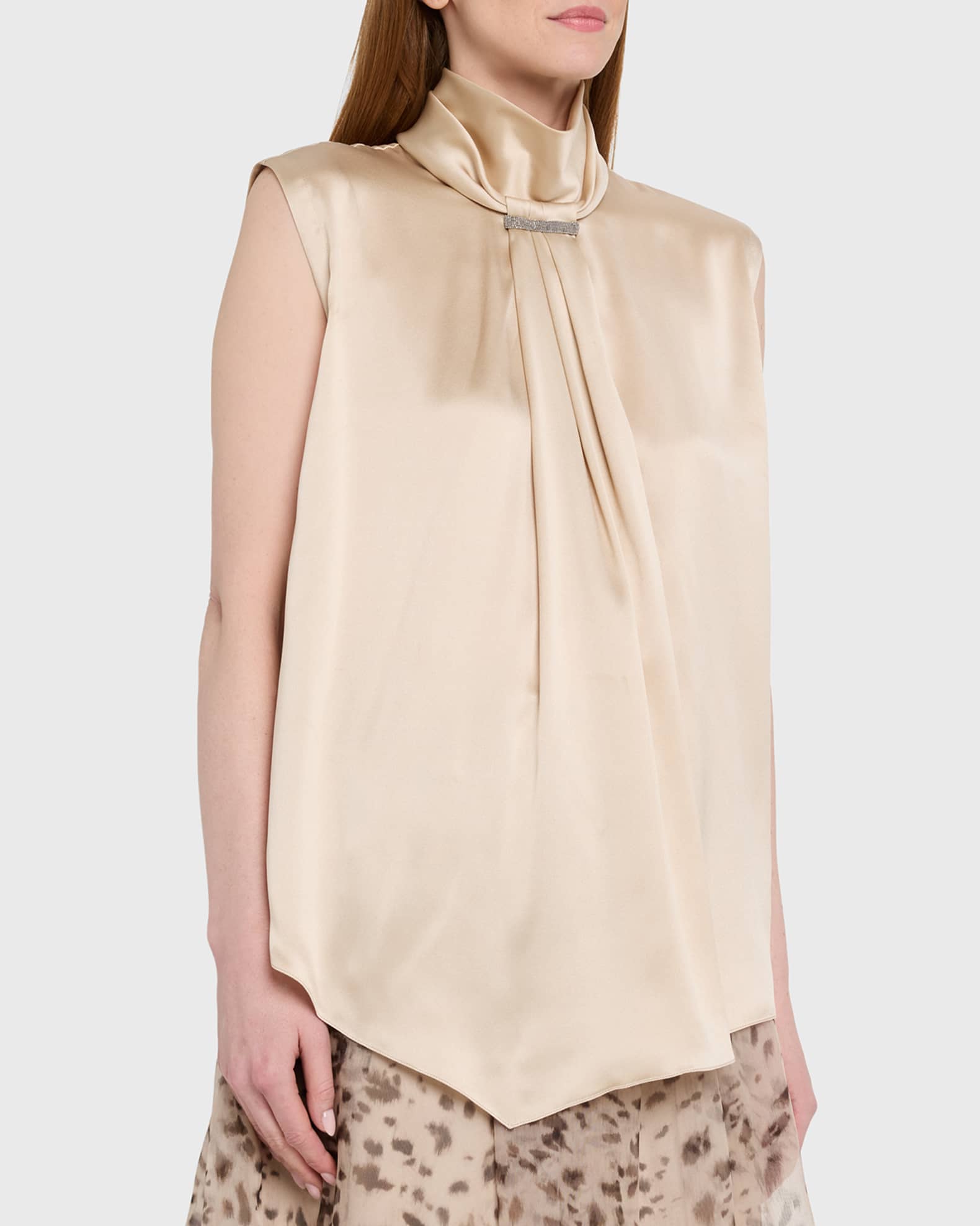 BRUNELLO CUCINELLI モニーレ装飾 トップス ブラウス 切替 S Brunello Cucinelli Sleeveless Silk Turtleneck Blouse w/ Monili