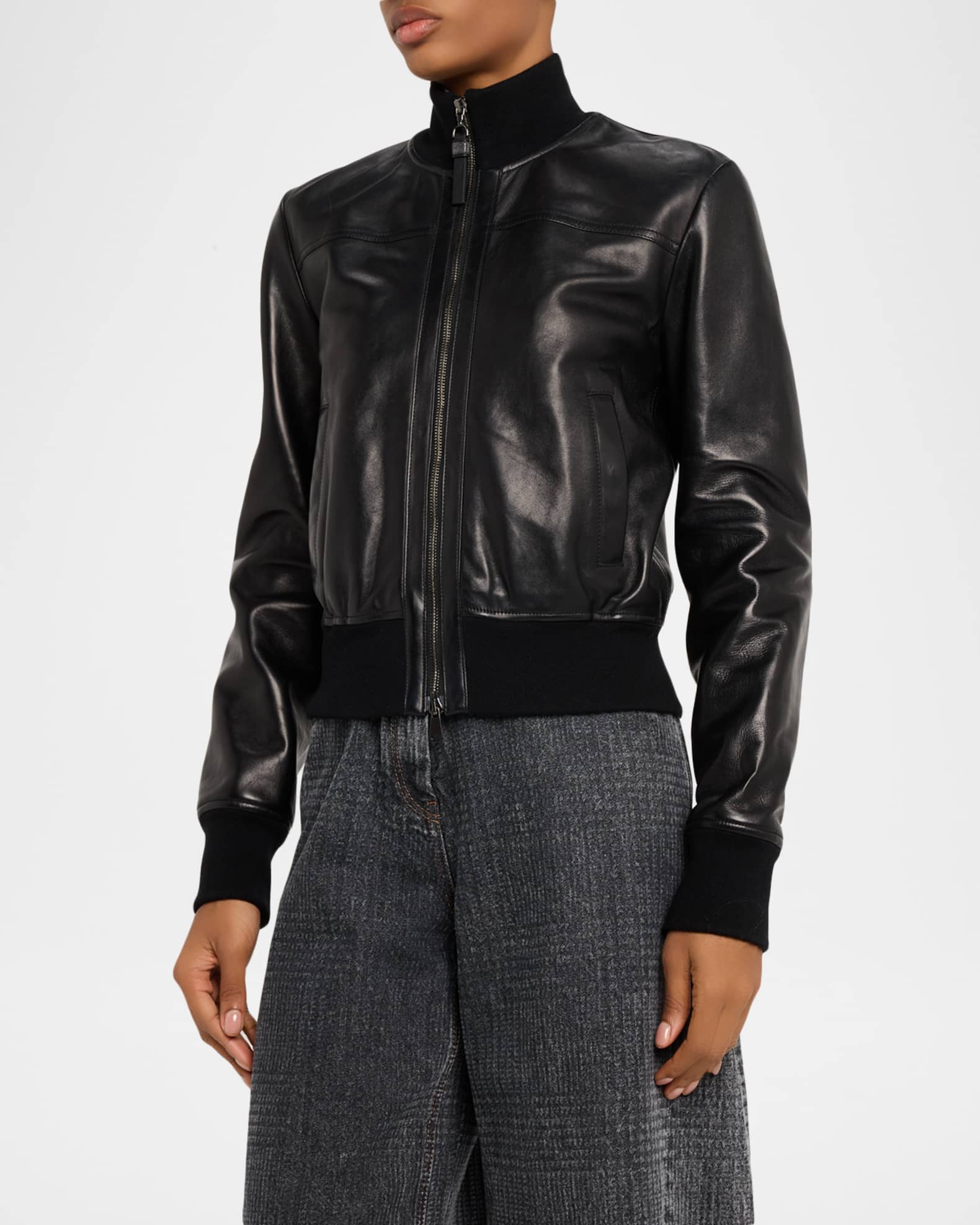 Brunello Cucinelli Turtleneck Leather Bomber Jacket | Neiman Marcus