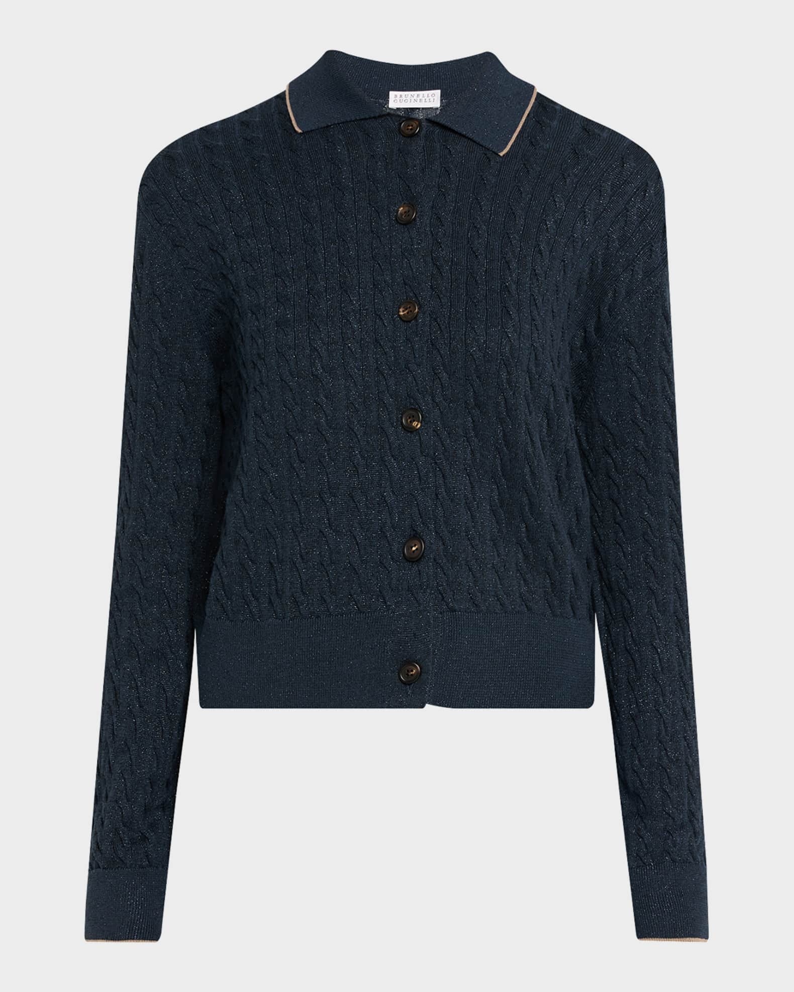 BRUNELLO CUCINELLI ボタン付きカーディガン Brunello Cucinelli Shimmering Cable Knit Collared Cardigan