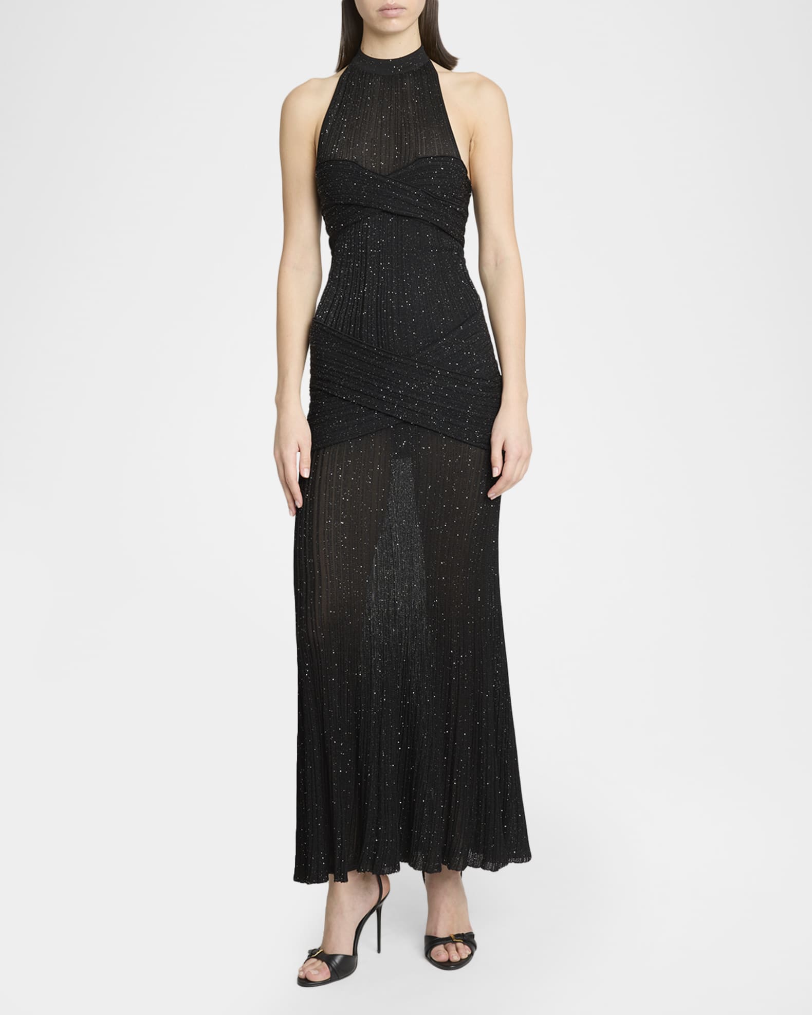 Balmain Glittered Crisscross Semi-Sheer Halter Dress | Neiman Marcus