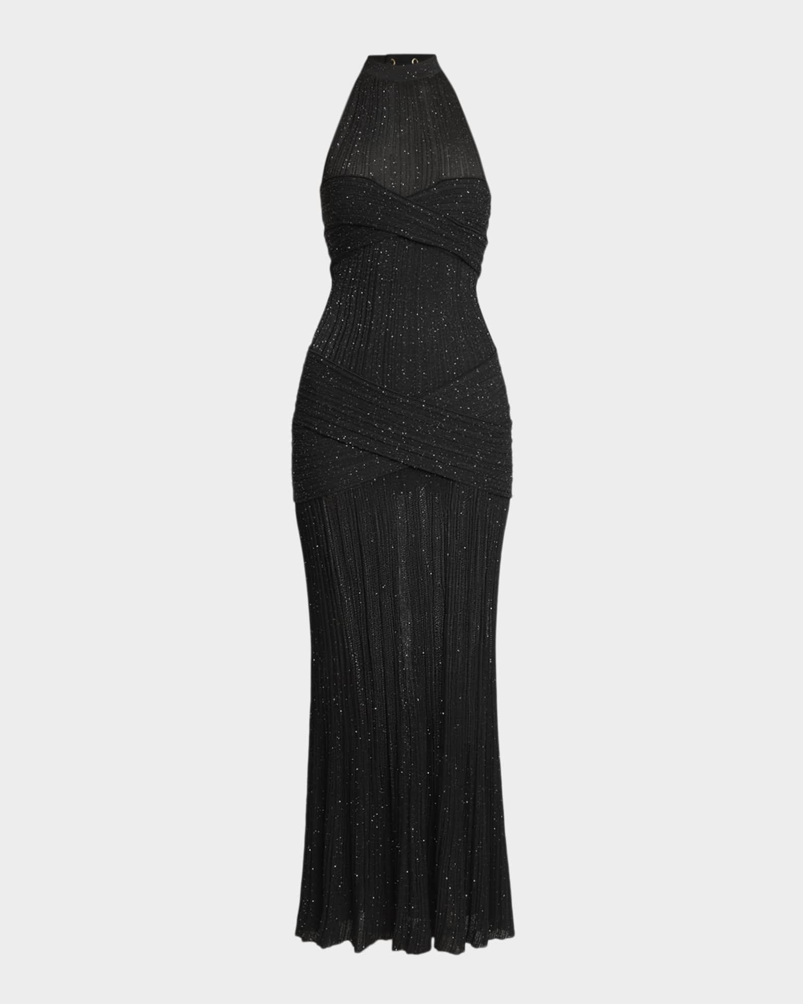 Balmain Glittered Crisscross Semi-Sheer Halter Dress | Neiman Marcus