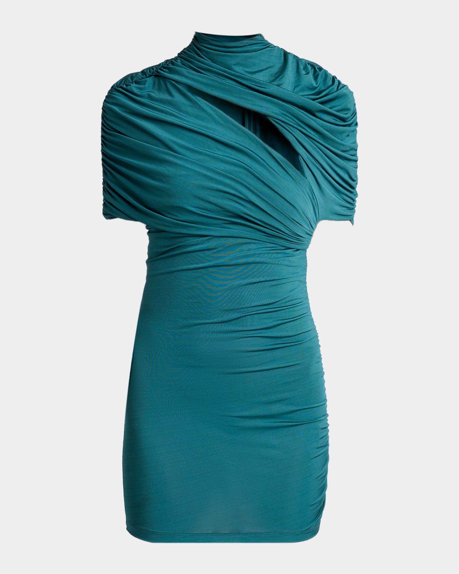 Balmain Short-Sleeve Fluid Jersey Ruched Mini Dress, Green, Women's, XS