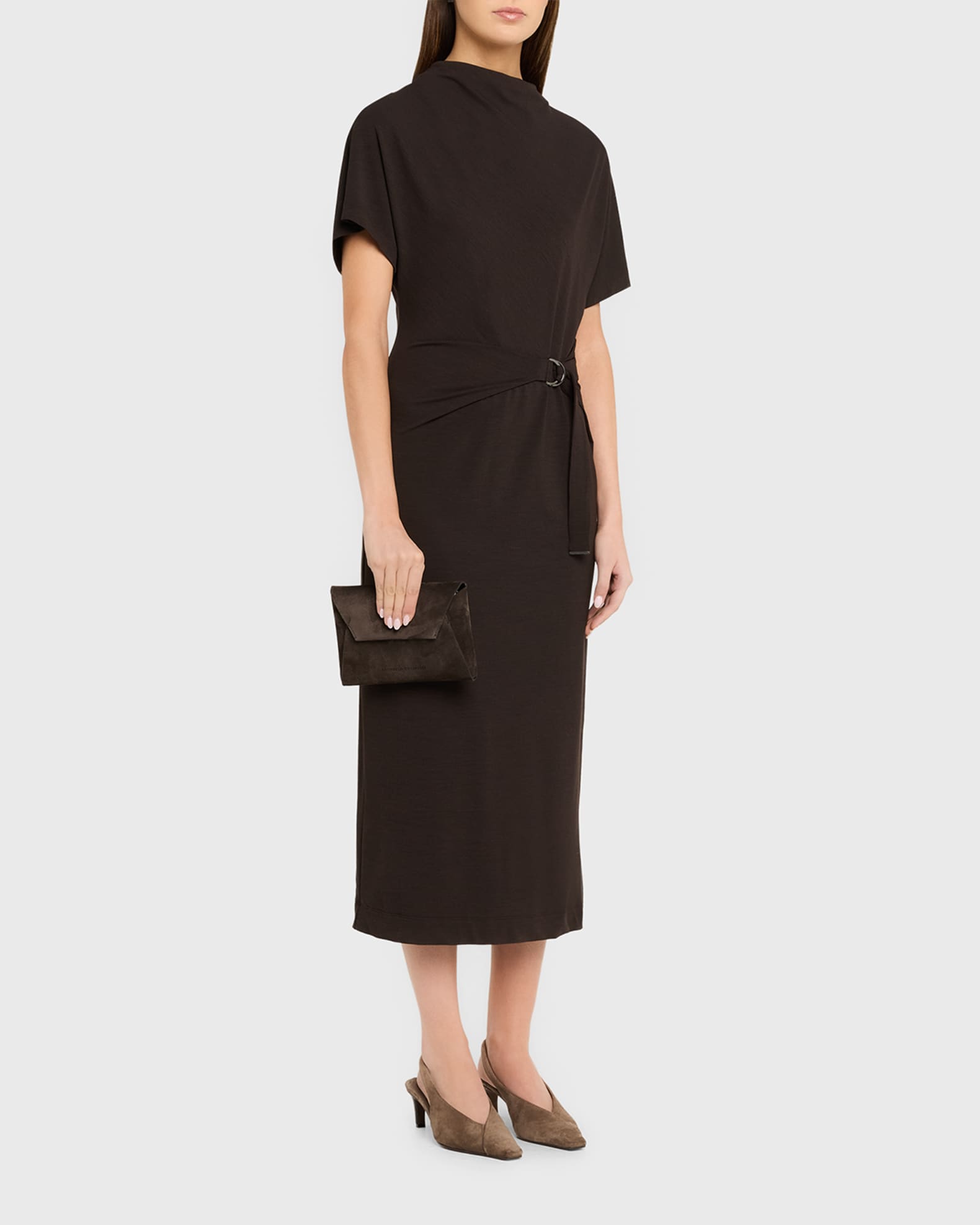 Brunello Cucinelli Wrap-Waist Midi Dress w/ Monili | Neiman Marcus