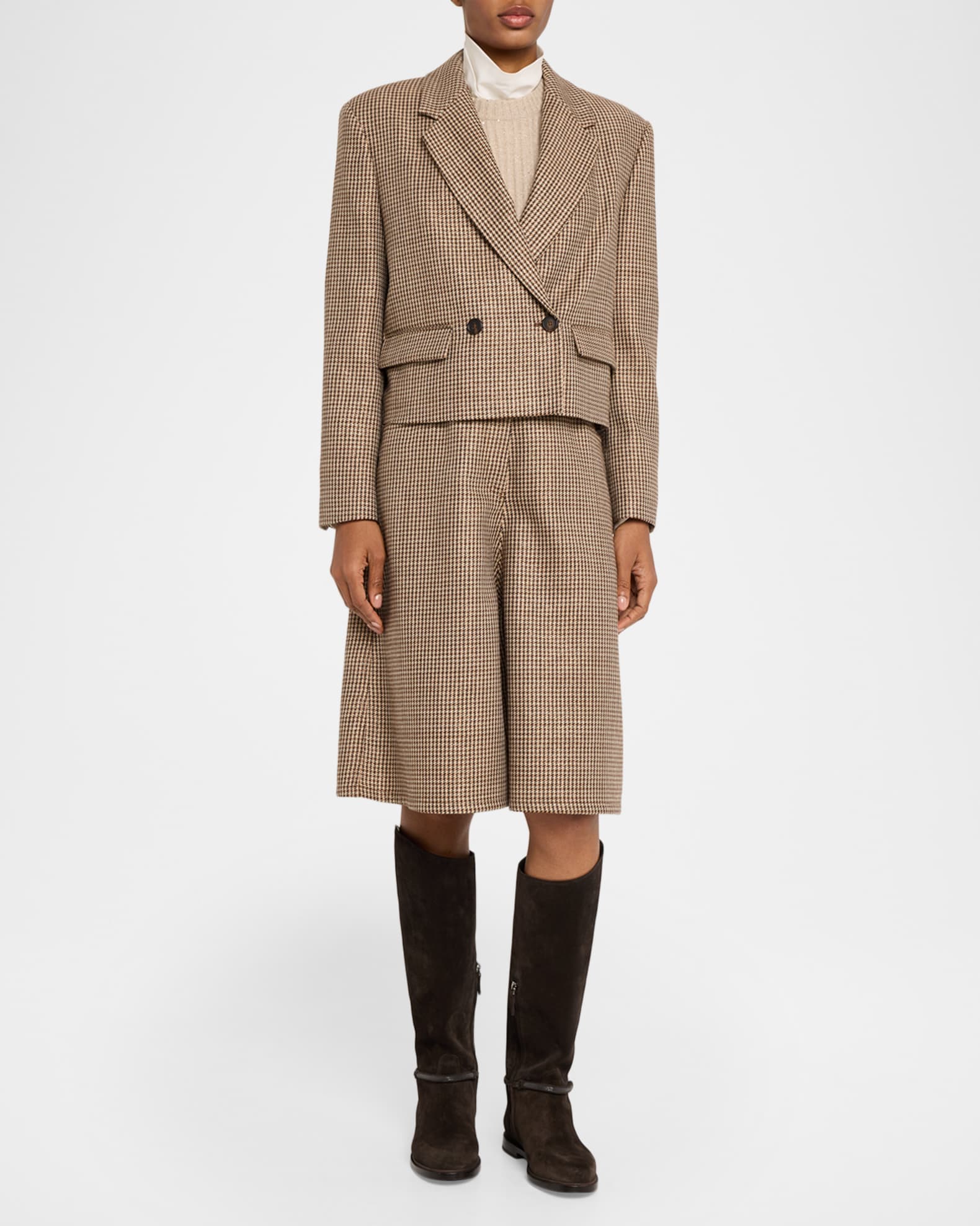 Brunello Cucinelli Wool-Blend Houndstooth Cropped Sport Jacket