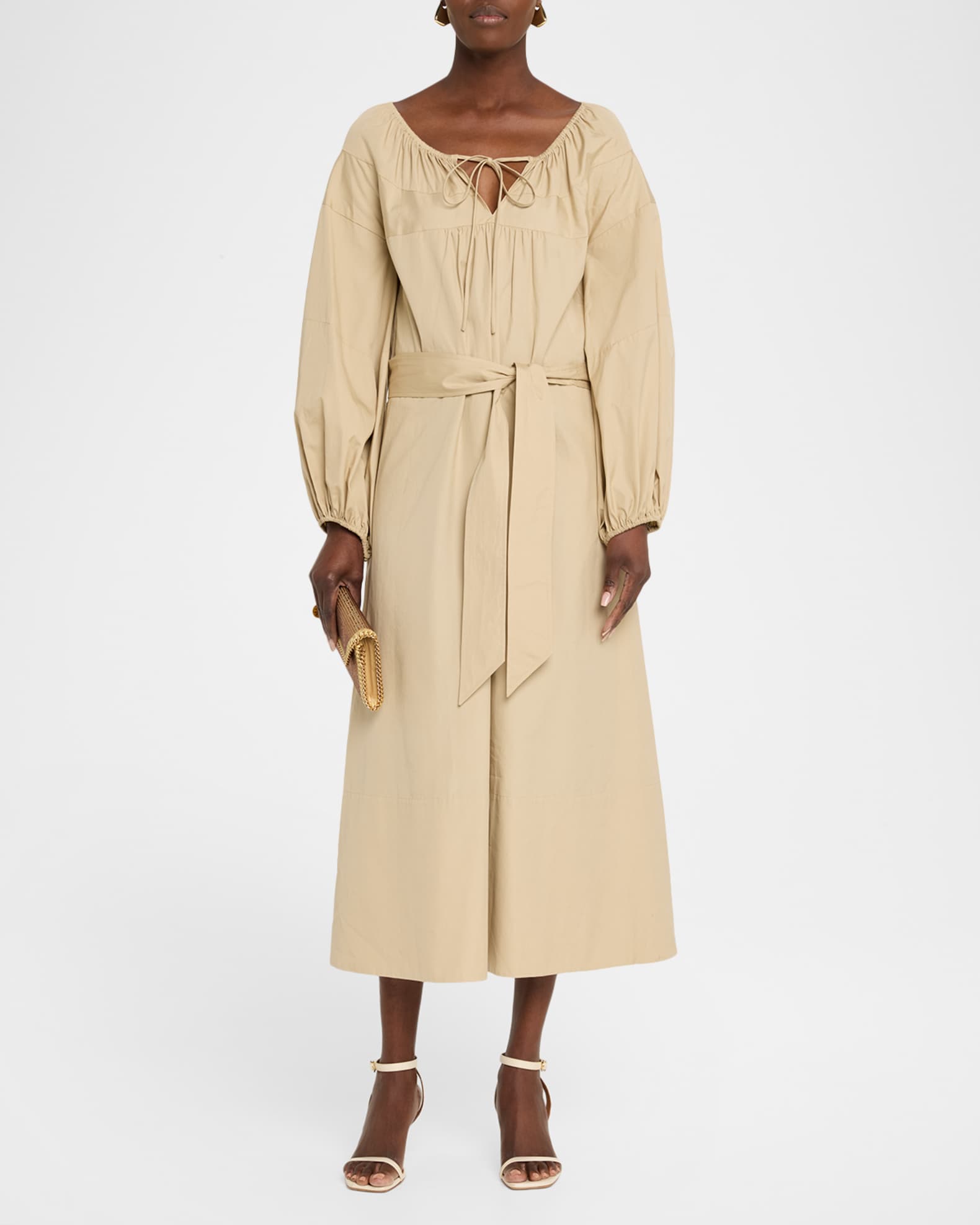 shirred cotton midi dress Vince, Belted Cotton poplin Midi Dress, Women, Beige, XS, Dresses