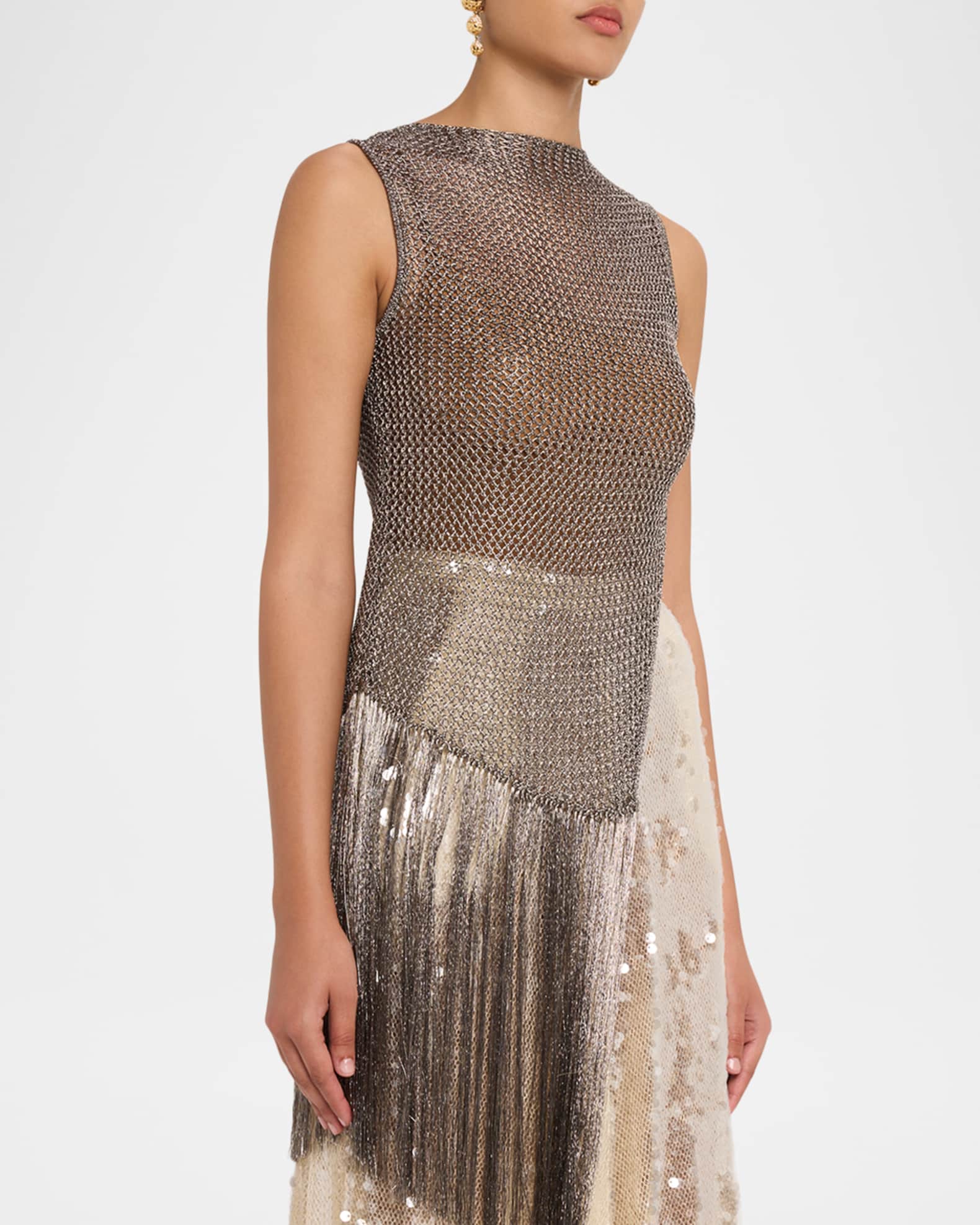 LAPOINTE Asymmetric Metallic Net Knit Fringed Tank Top | Neiman Marcus