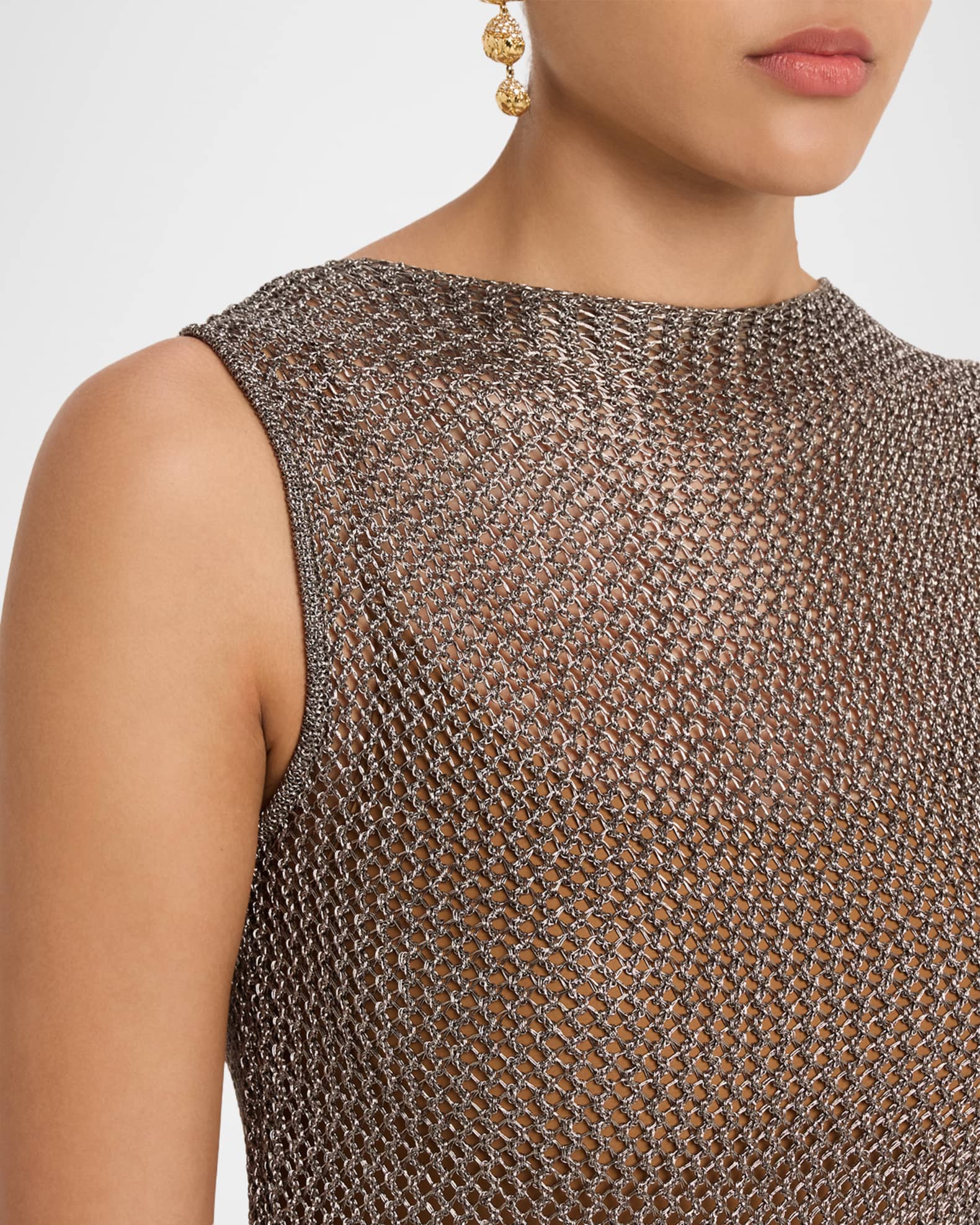 LAPOINTE Asymmetric Metallic Net Knit Fringed Tank Top | Neiman Marcus