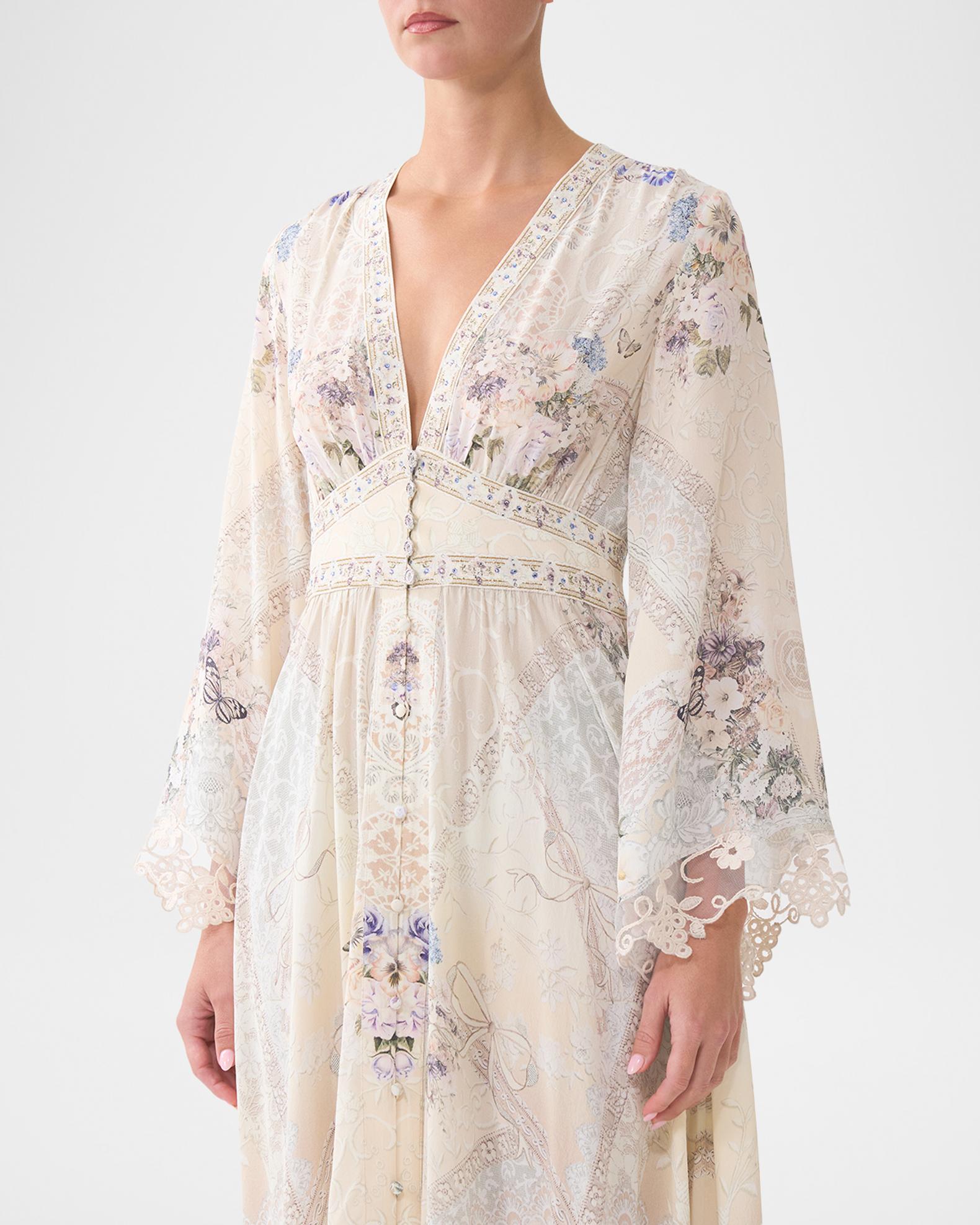 Camilla Women's Floral Print Lace Trim Long Sleeve Silk Maxi Dress - Natural