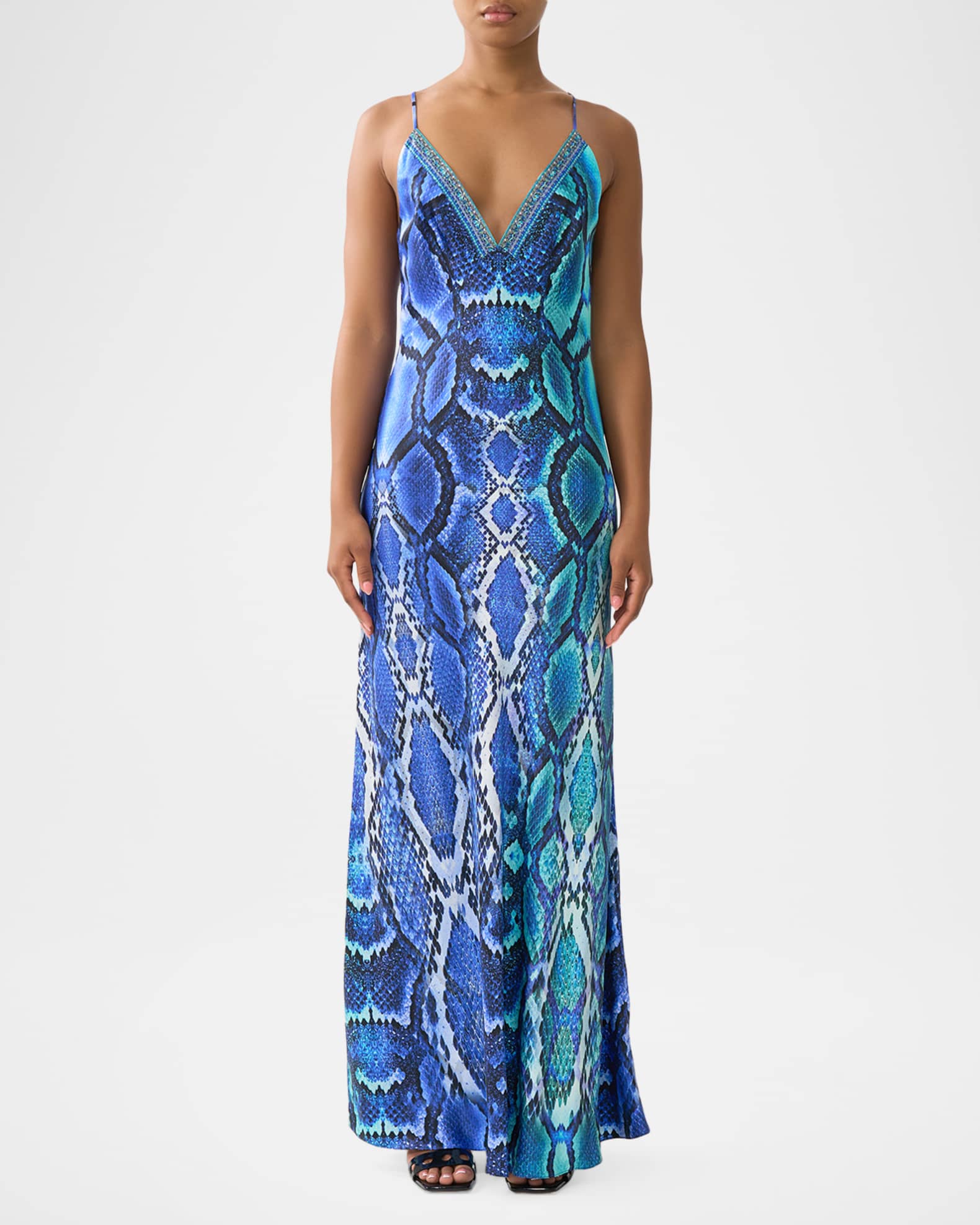 【美品✨】CAMILLAカミラ スリムフィット カフタン スプリット高級 シルク Camilla The Sapphire Serpent Bias-Cut Maxi Slip Dress | Neiman Marcus