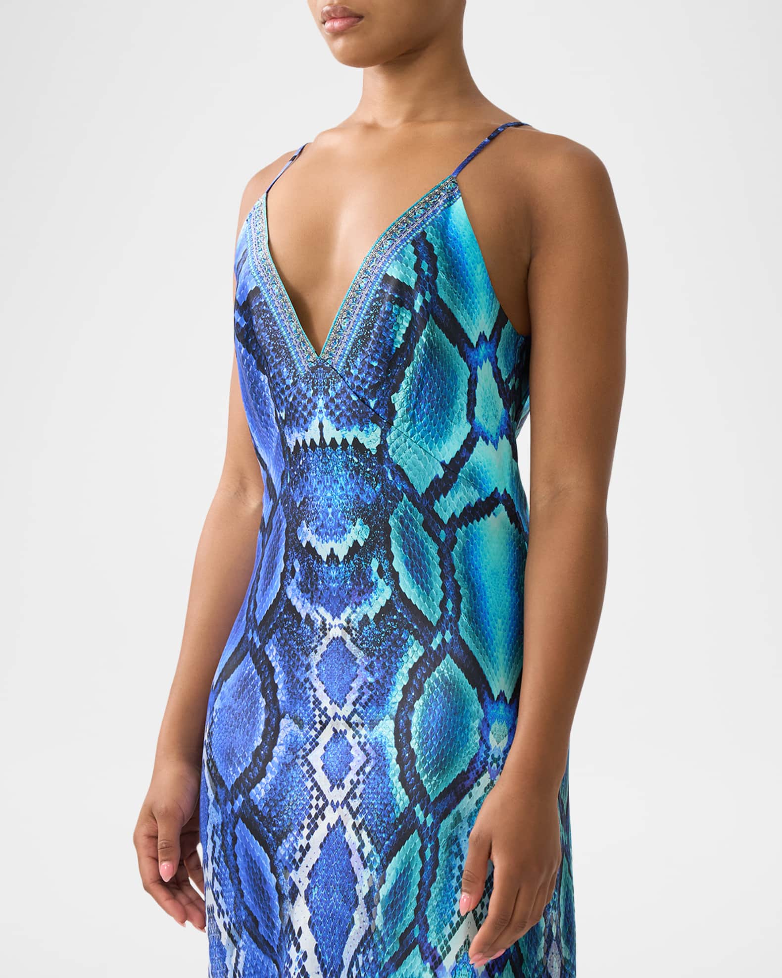 Camilla The Sapphire Serpent Bias-Cut Maxi Slip Dress | Neiman Marcus