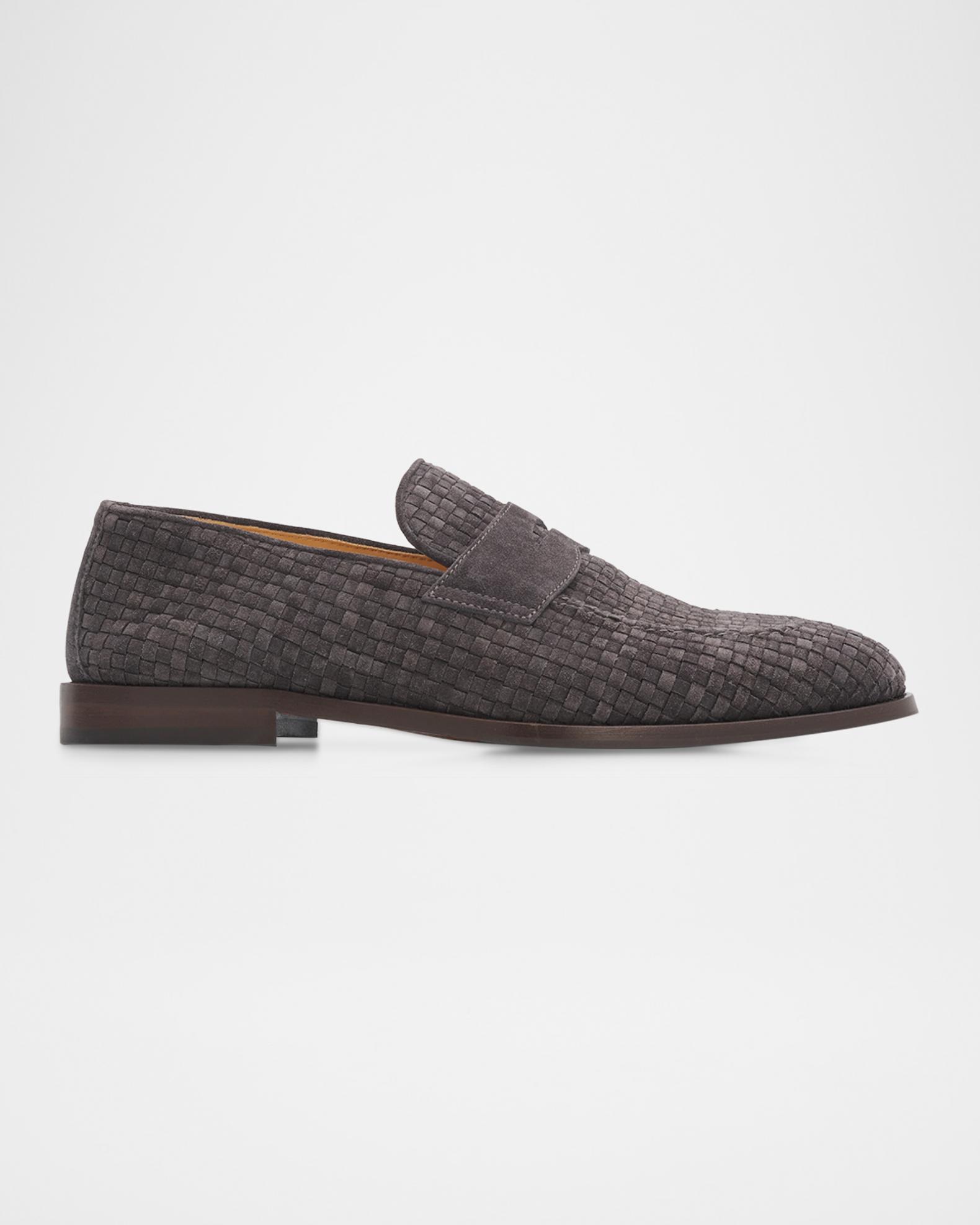 Brunello Cucinelli Men's Woven Suede Penny Loafers | Neiman Marcus