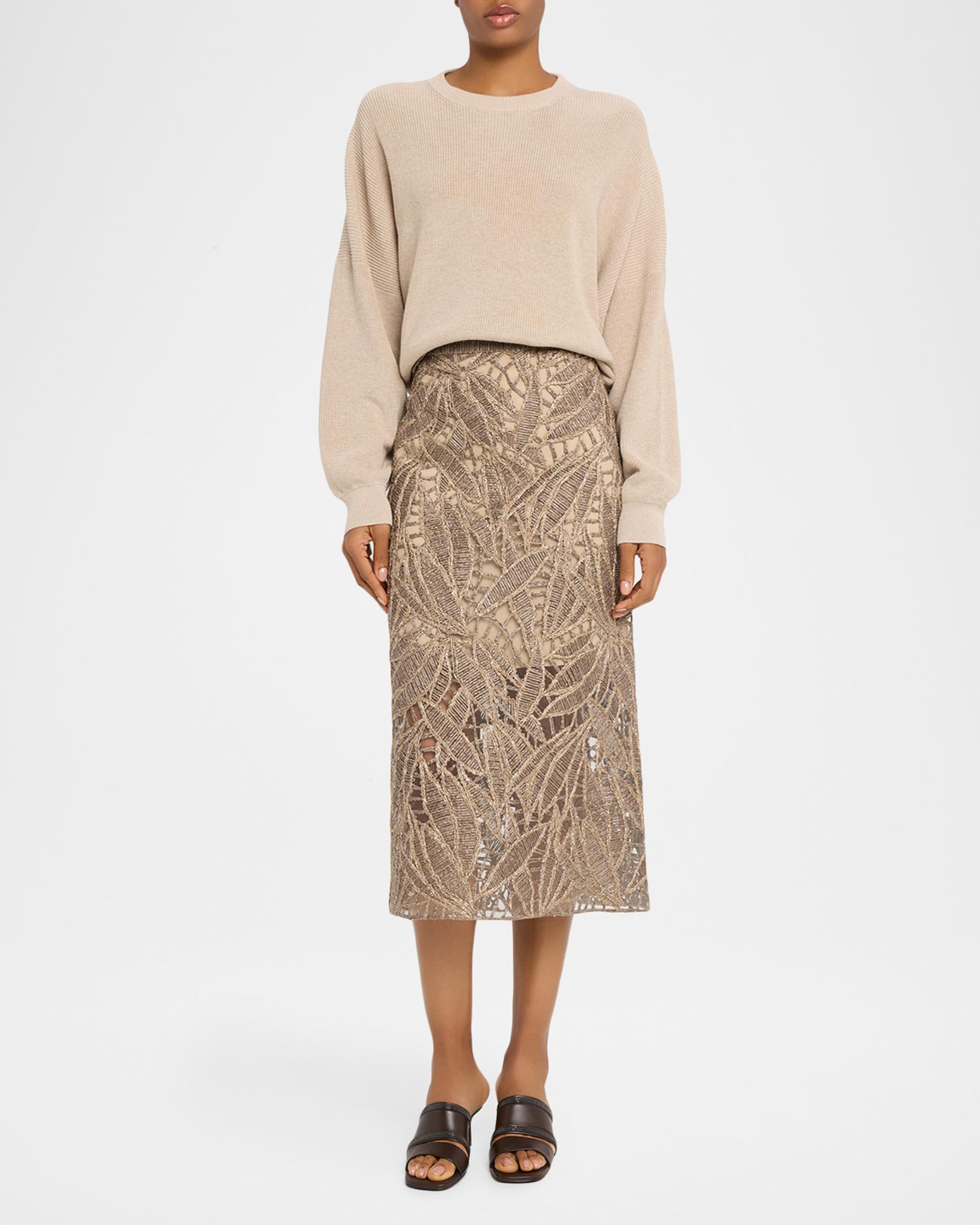 Brunello Cucinelli Leaf-Pattern Openwork Midi Skirt | Neiman Marcus