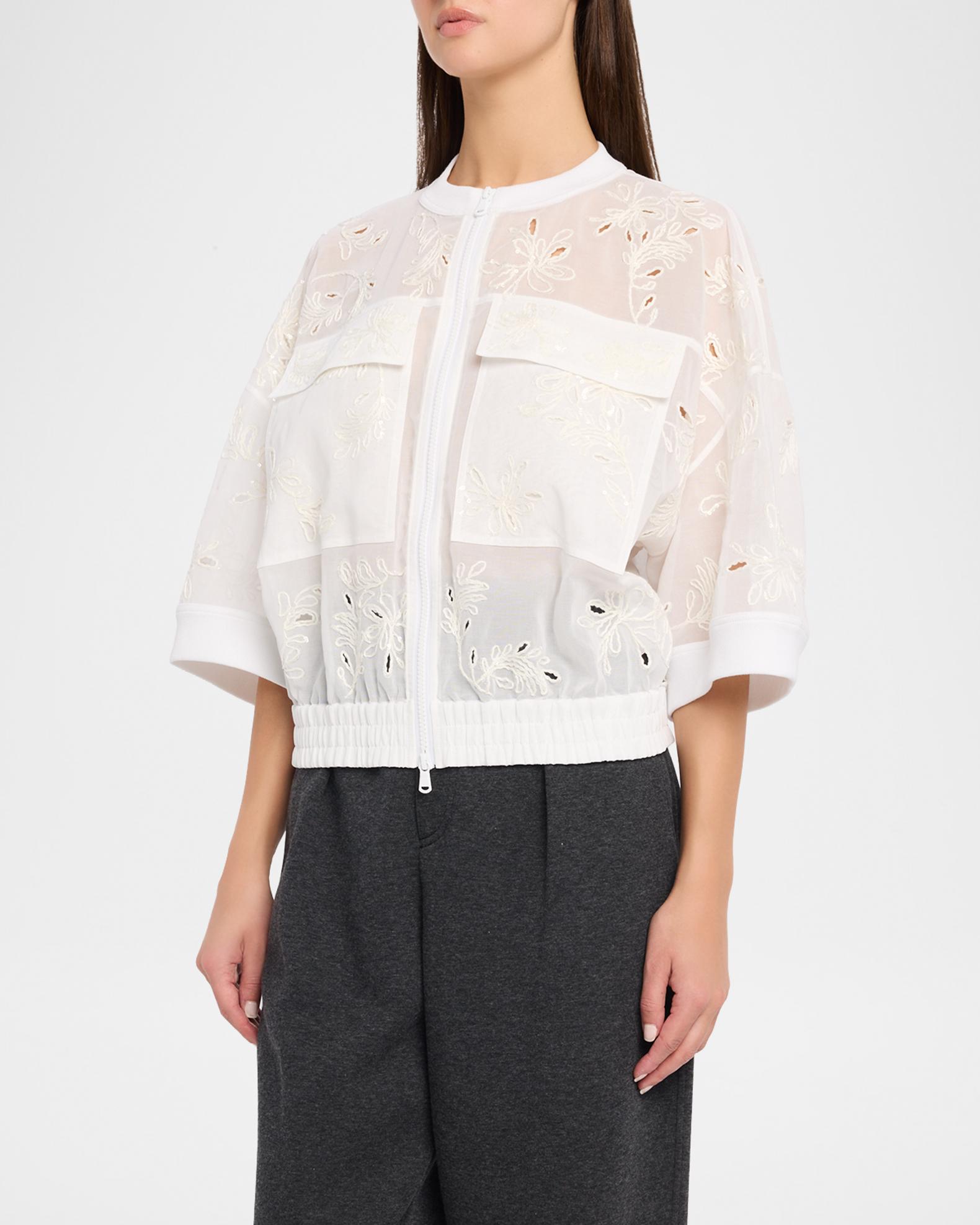 Brunello Cucinelli Broderie Anglaise Cotton Organza 3/4-Sleeve Zip