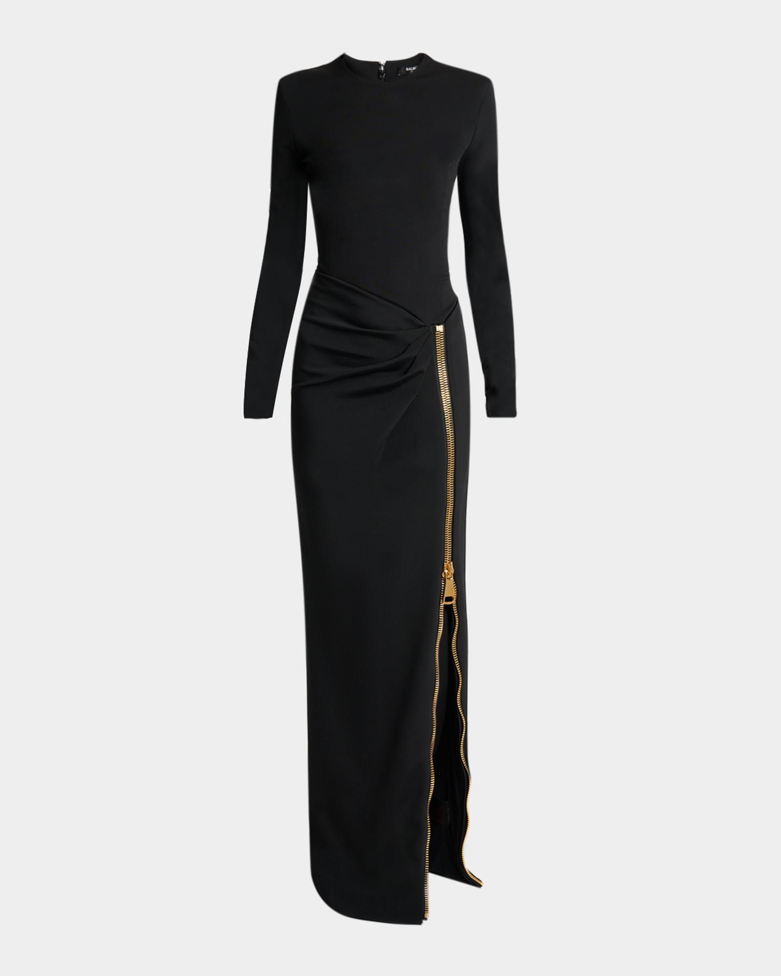 black long sleeve dress with gold zipper Balmain formal black dress with gold belt