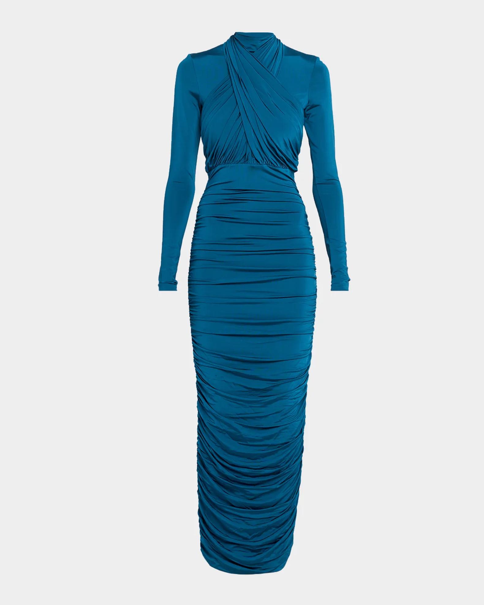 balmain blue dress Crisscross Draped Long-Sleeve Jersey Ankle Size:44C