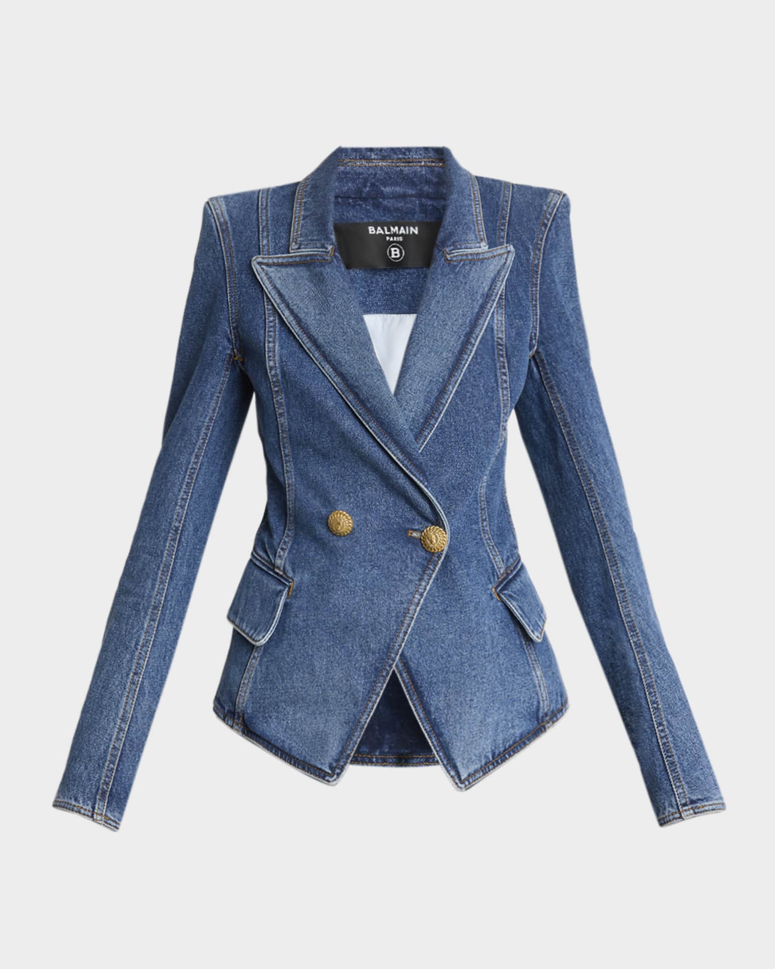 Balmain Denim Double-Breasted Blazer | Neiman Marcus