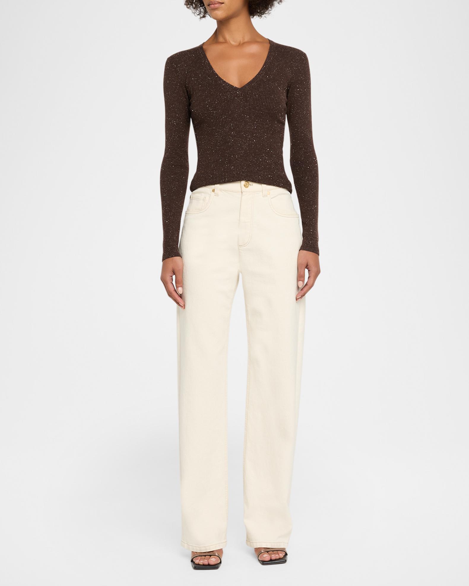 Brunello Cucinelli Shimmering Cashmere Rib V-Neck Fitted Sweater