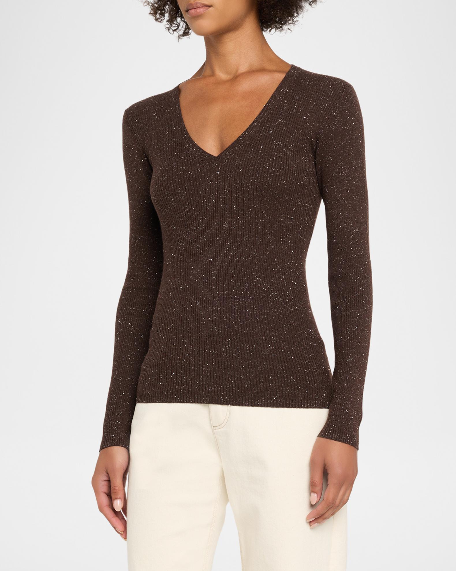 Brunello Cucinelli Shimmering Cashmere Rib V-Neck Fitted Sweater
