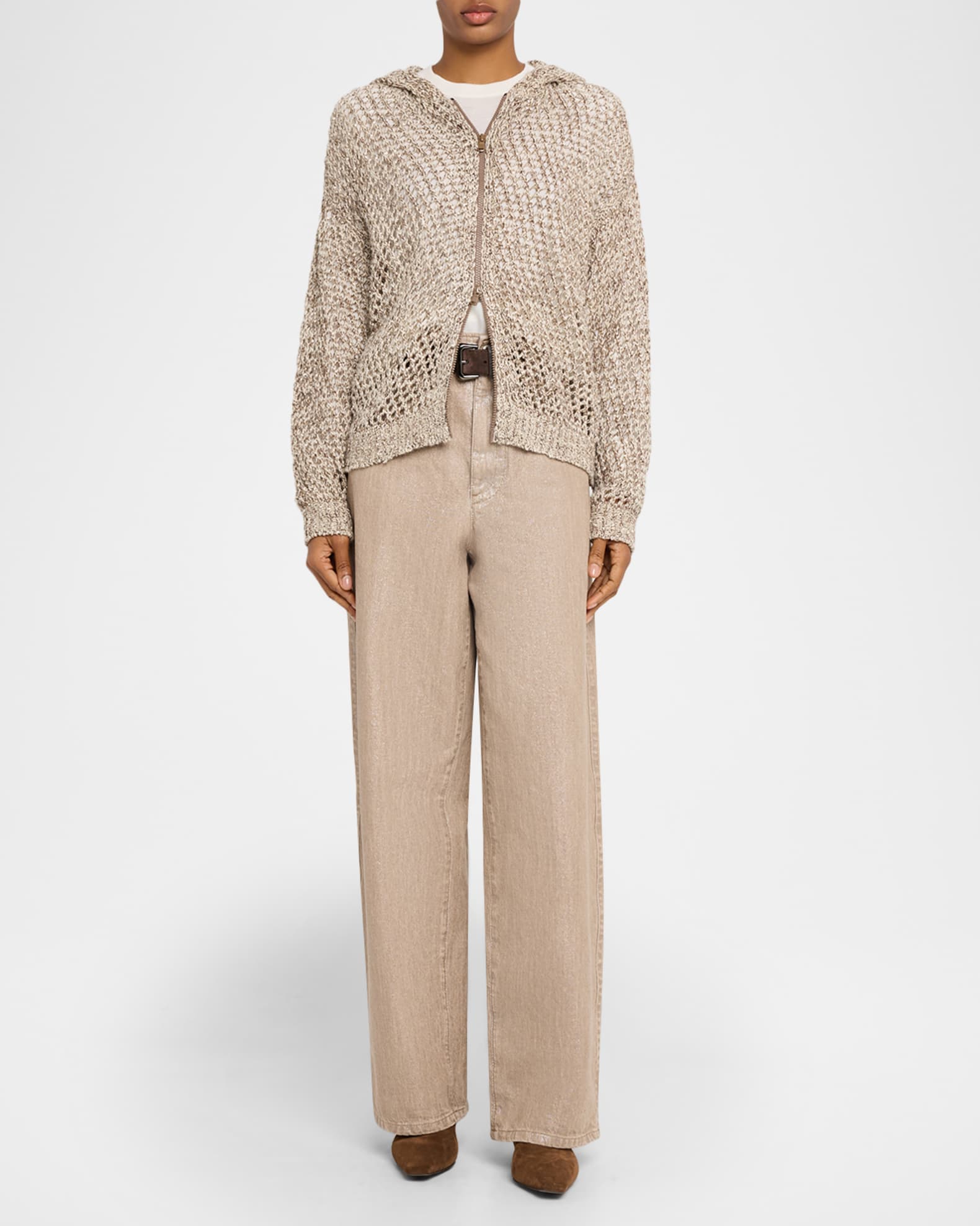 Brunello Cucinelli Shimmering Net Knit Zip Hooded Cardigan