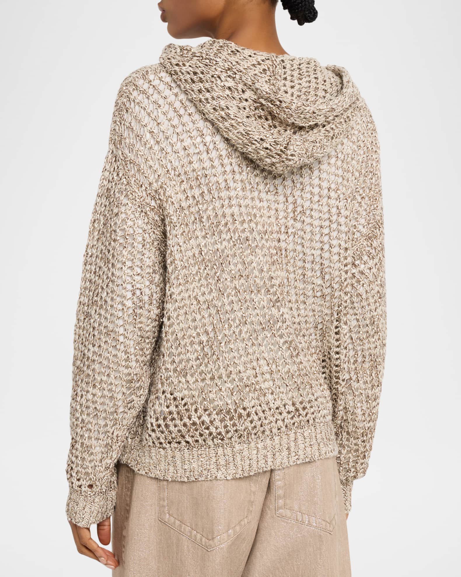 Brunello Cucinelli Shimmering Net Knit Zip Hooded Cardigan