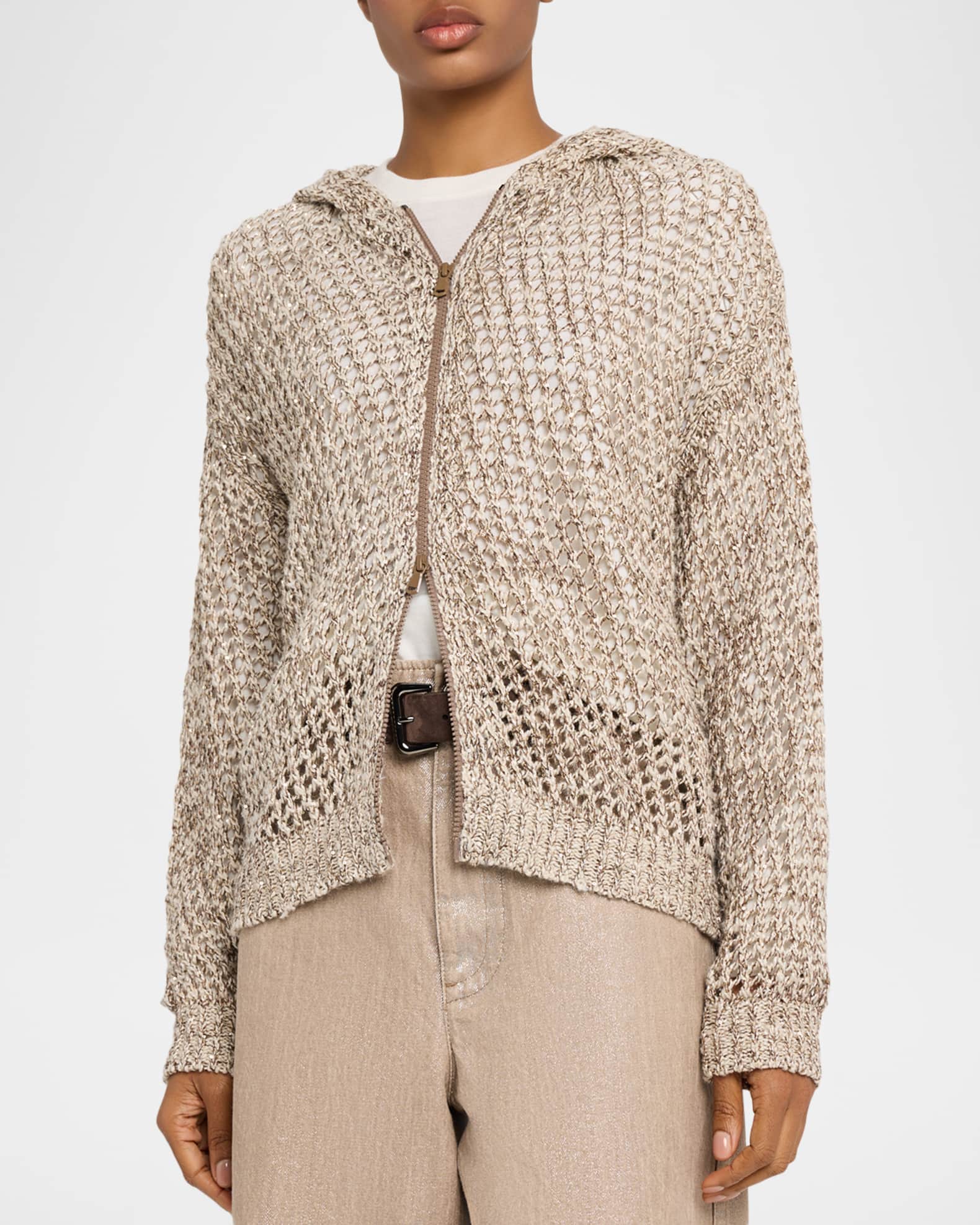 Brunello Cucinelli Shimmering Net Knit Zip Hooded Cardigan