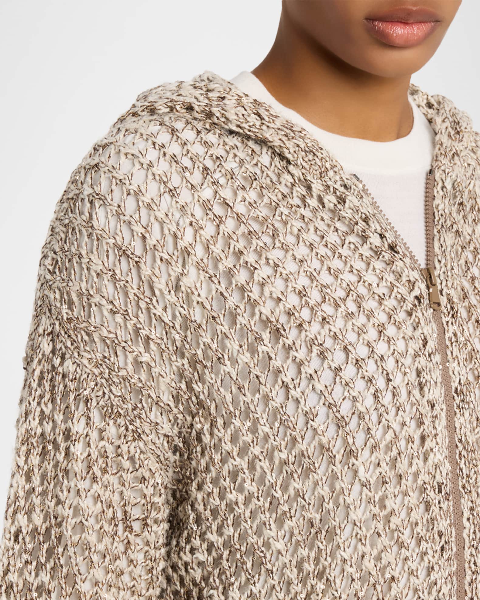 Brunello Cucinelli Shimmering Net Knit Zip Hooded Cardigan