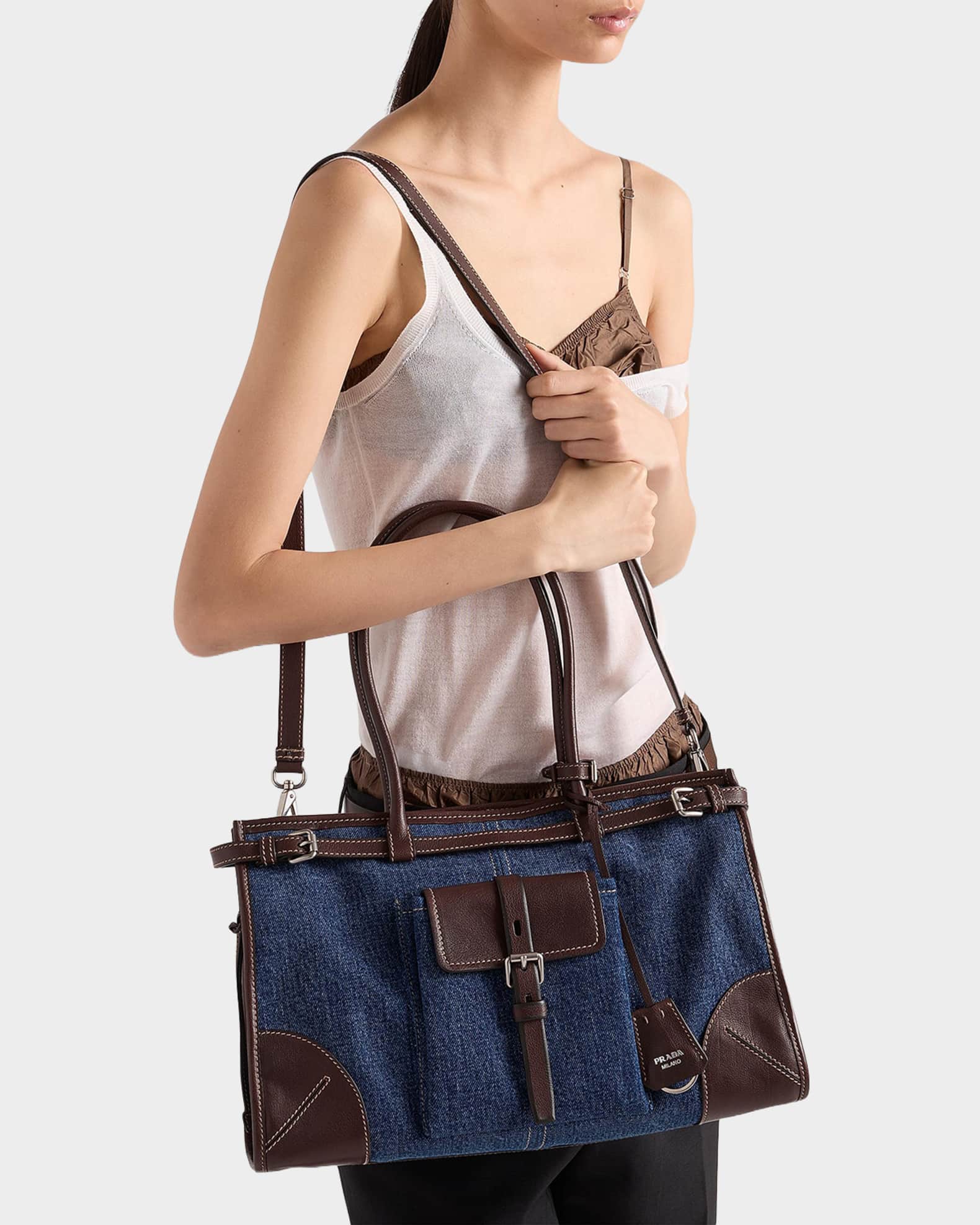 Prada Bonnie Large Denim and Leather Handbag | Neiman Marcus