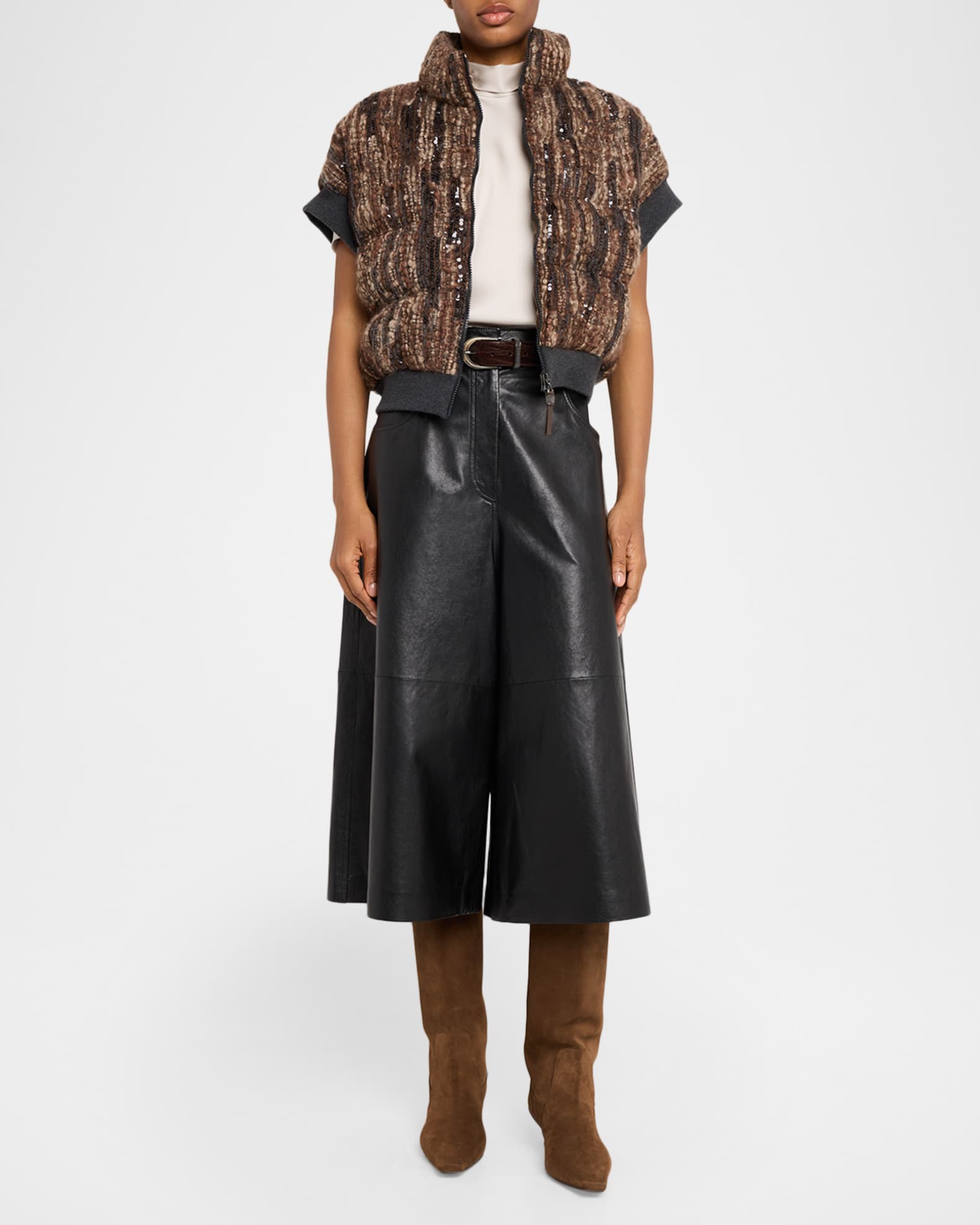 Brunello Cucinelli Wide-Leg Cropped Leather Pants | Neiman Marcus