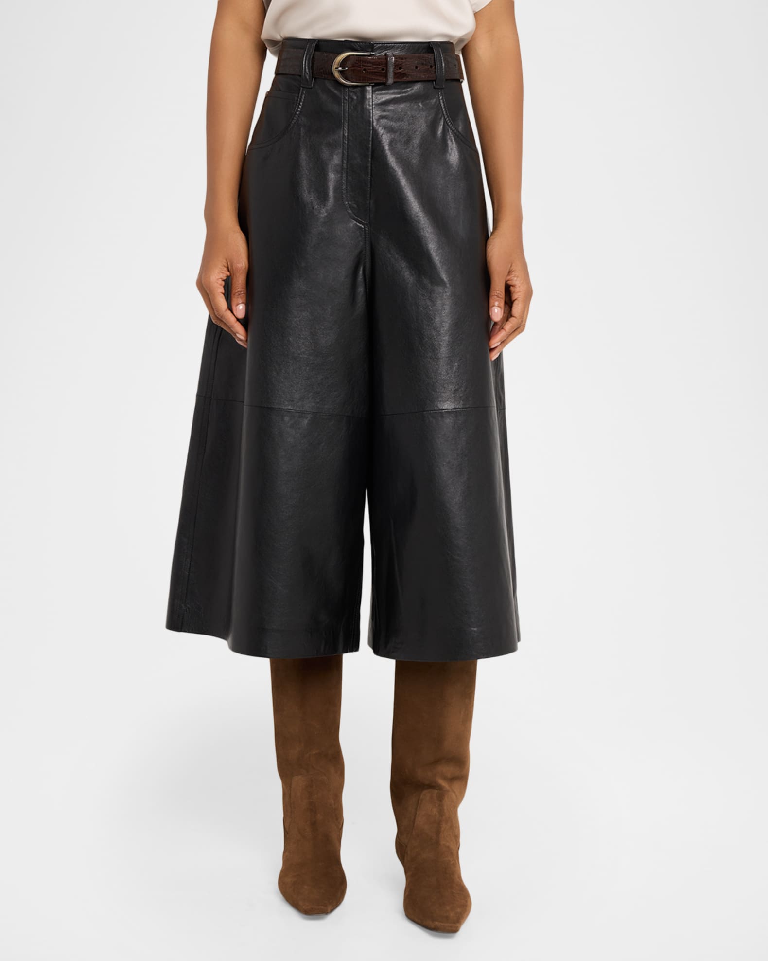 Brunello Cucinelli Wide-Leg Cropped Leather Pants | Neiman Marcus