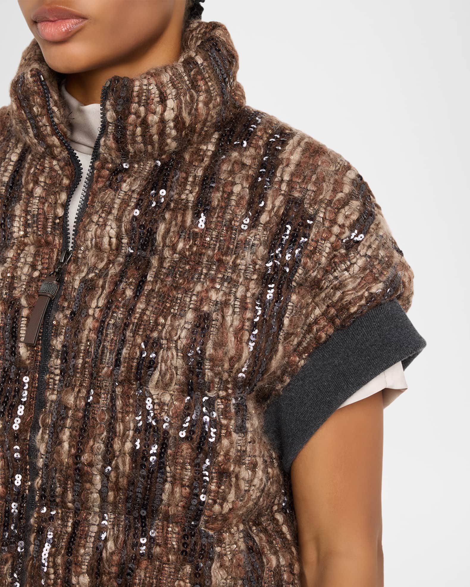 BRUNELLO CUCINELLI ベスト ジレ フード ジップ チェック Brunello Cucinelli Paillette Mohair Boucle Padded Vest | Neiman Marcus