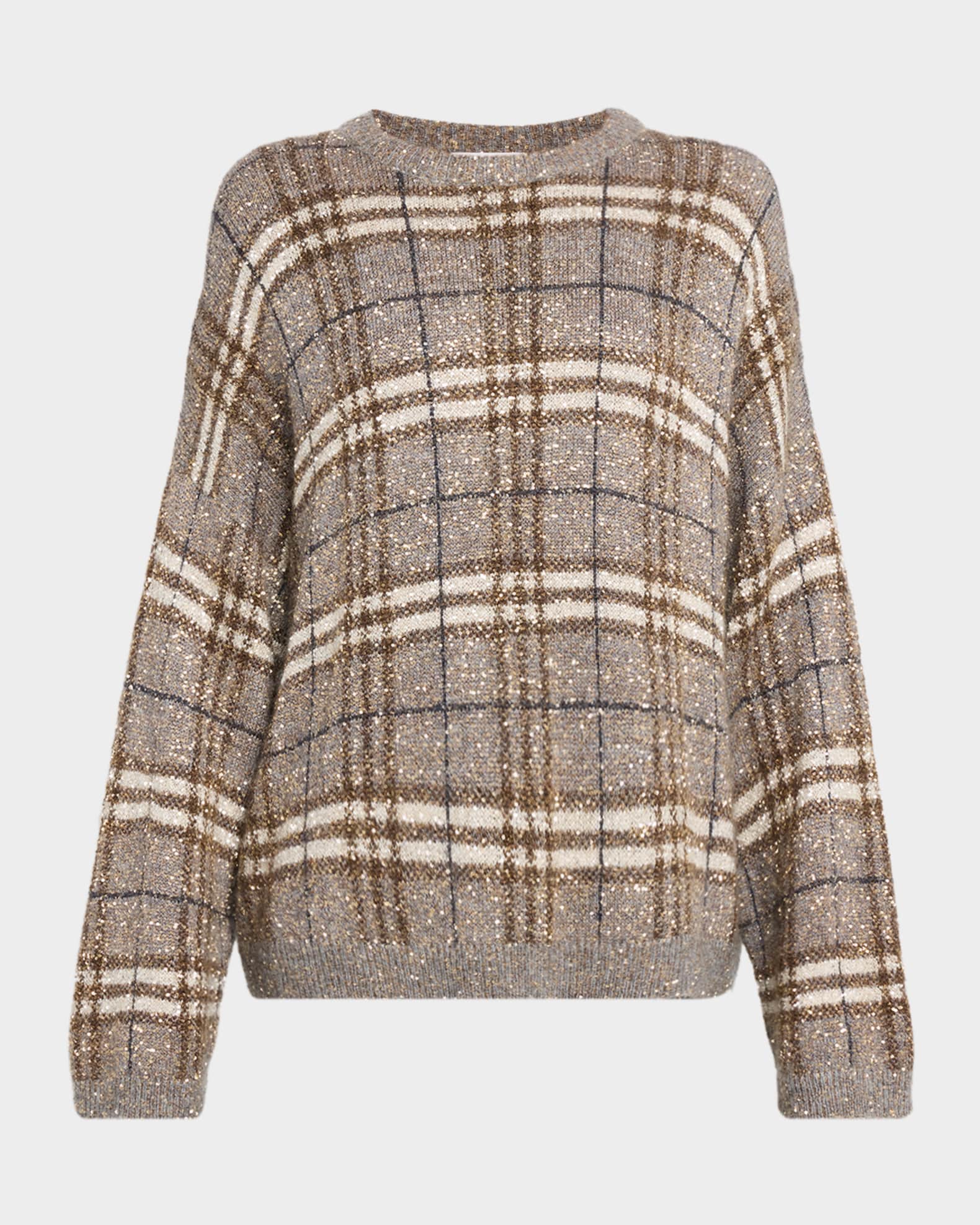 Brunello Cucinelli Drop-Shoulder Relaxed Plaid Sweater | Neiman Marcus