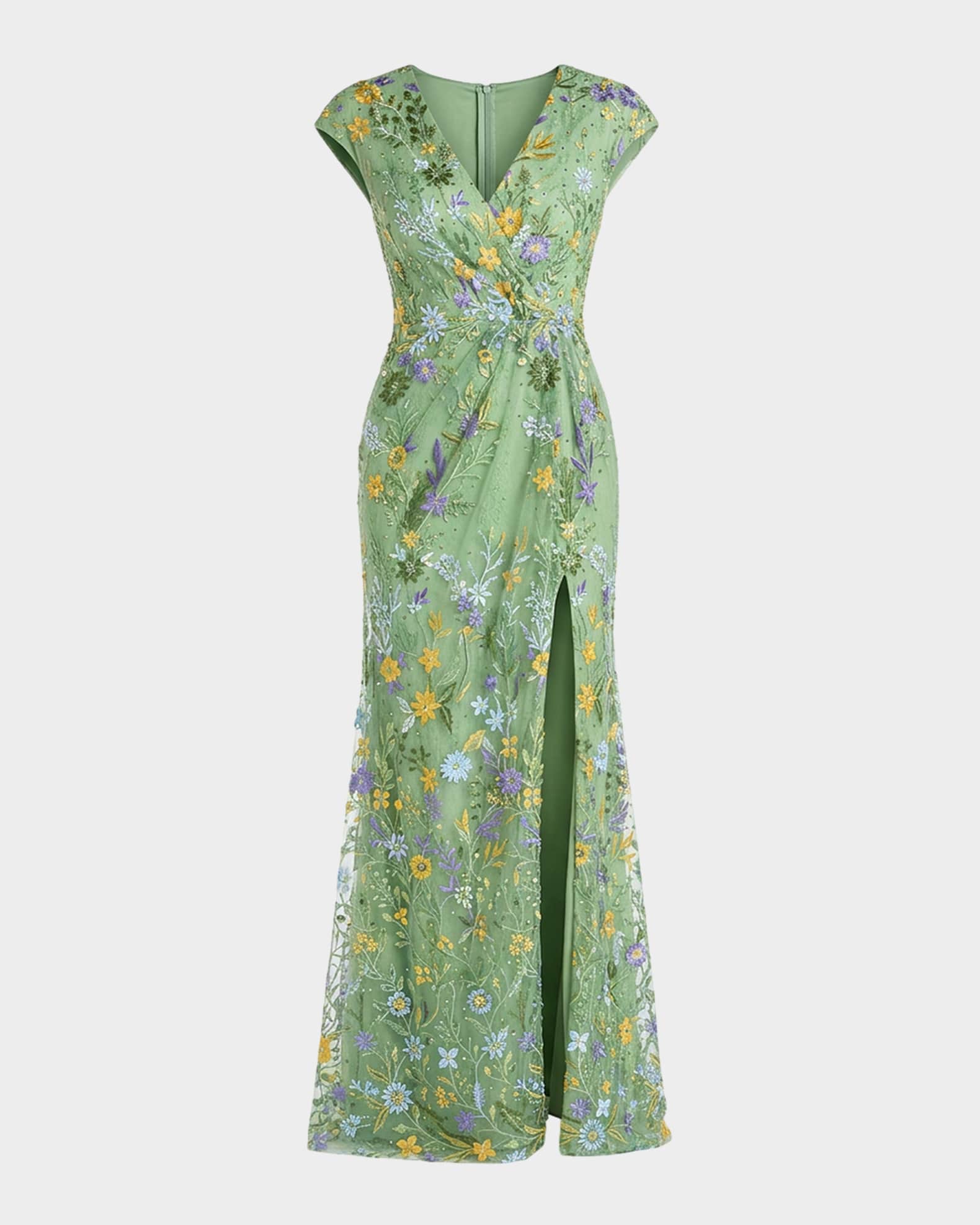 embroidered column dress Floral-Embroidered Long-Sleeve Column Evening Dress – IVORY – missodd.com main image 0